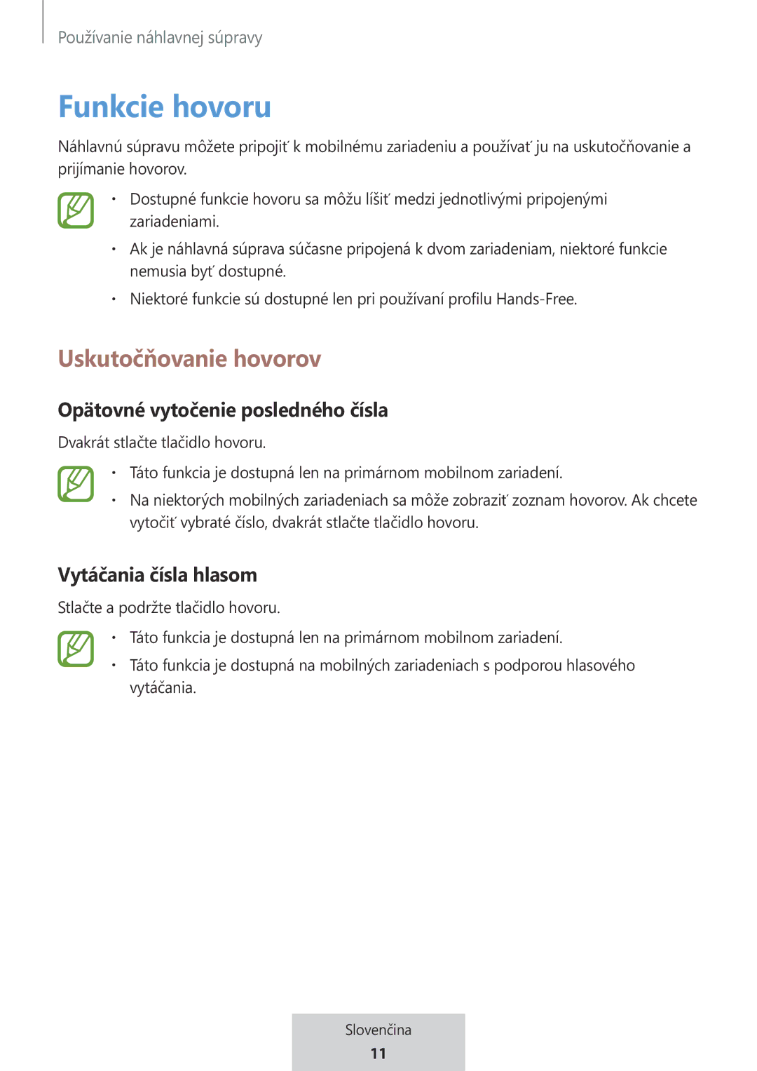 Samsung EO-MG920BBEGRU manual Funkcie hovoru, Uskutočňovanie hovorov 