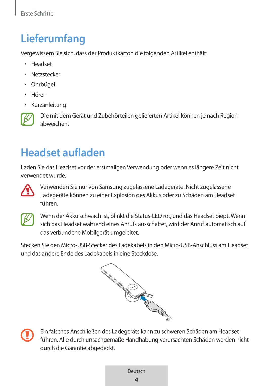 Samsung EO-MG920BBEGRU manual Lieferumfang, Headset aufladen 