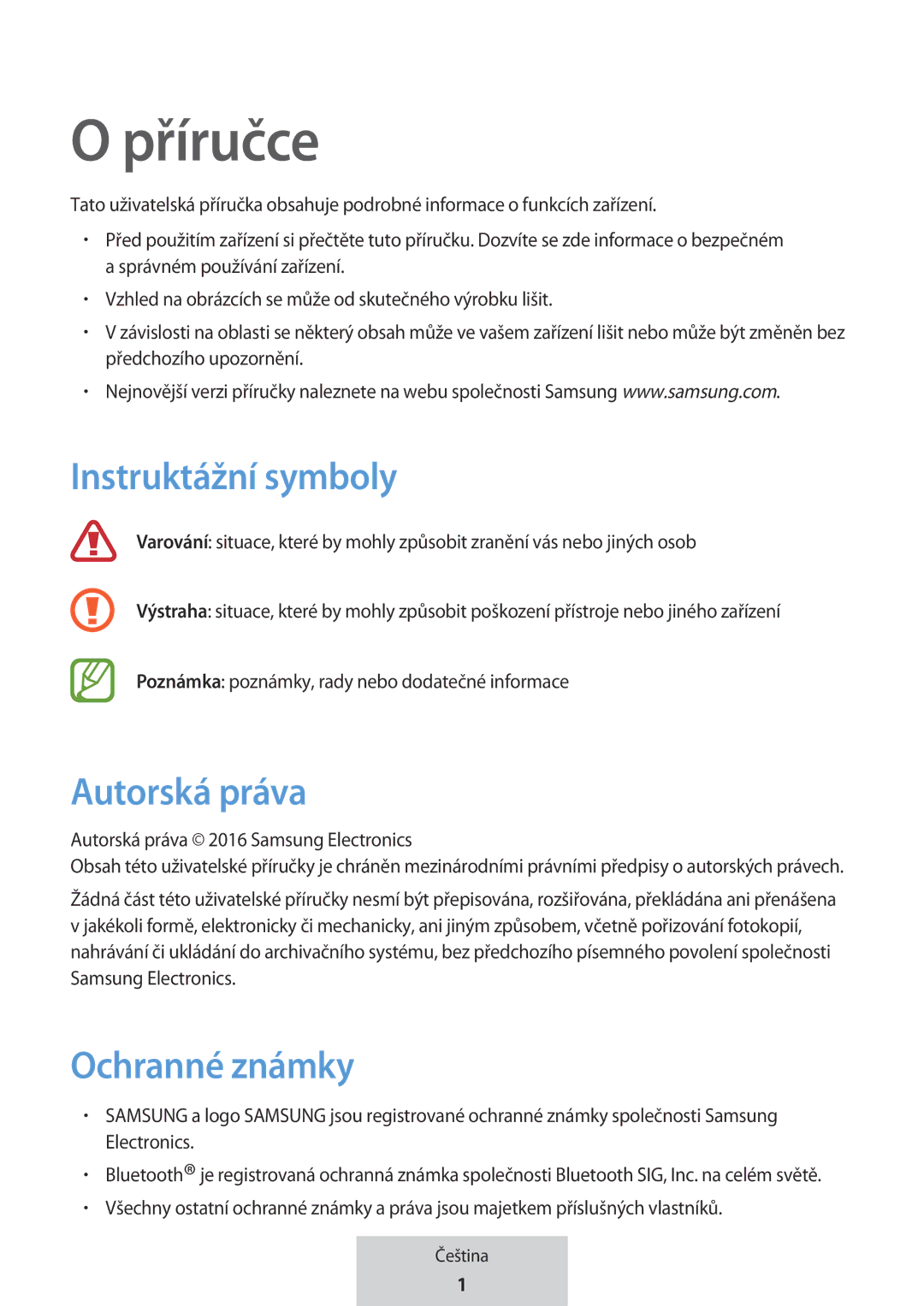 Samsung EO-MG920BBEGRU manual Instruktážní symboly, Autorská práva, Ochranné známky 