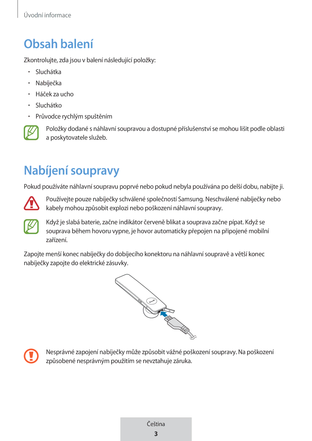 Samsung EO-MG920BBEGRU manual Obsah balení, Nabíjení soupravy 