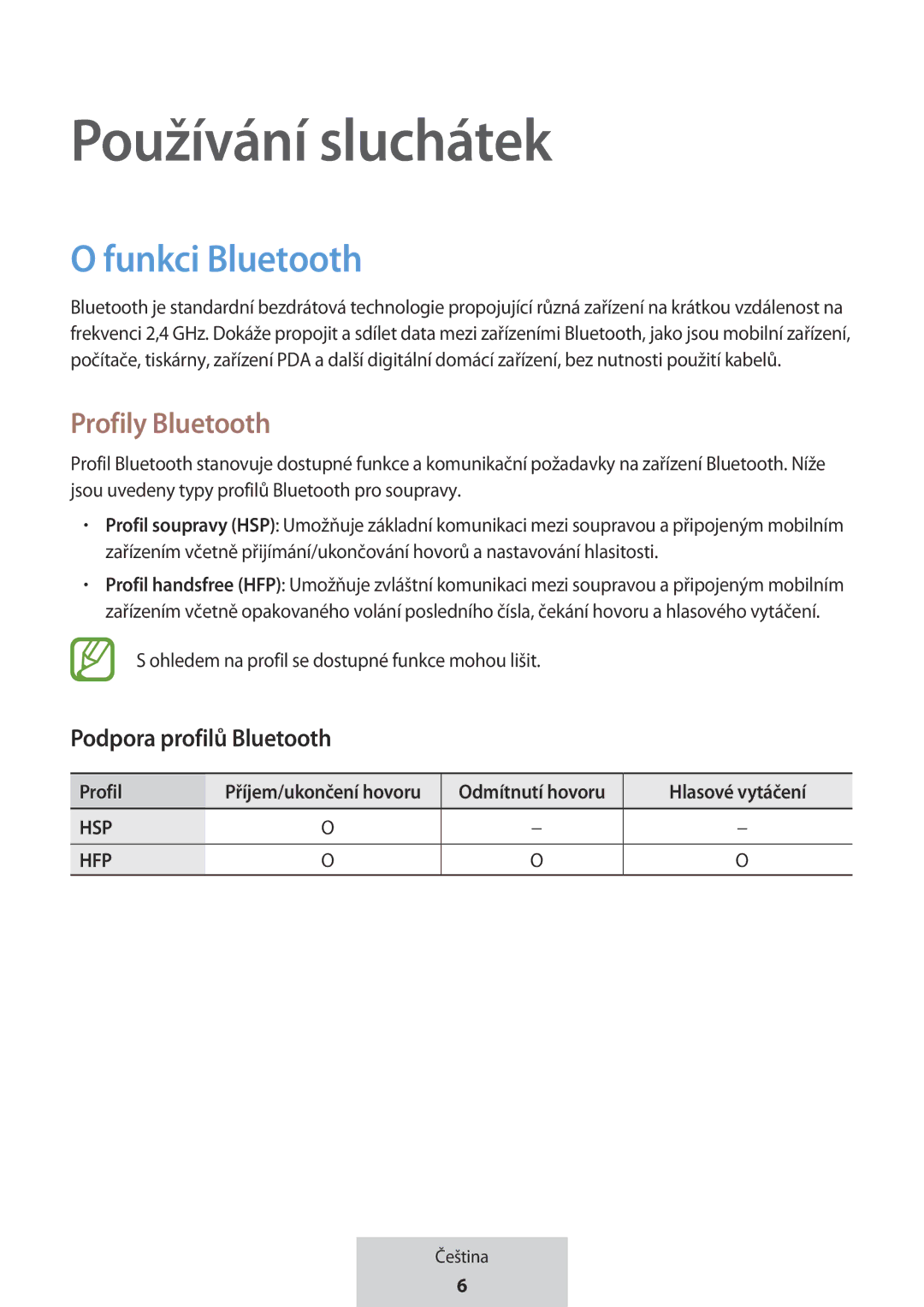 Samsung EO-MG920BBEGRU manual Funkci Bluetooth, Profily Bluetooth 