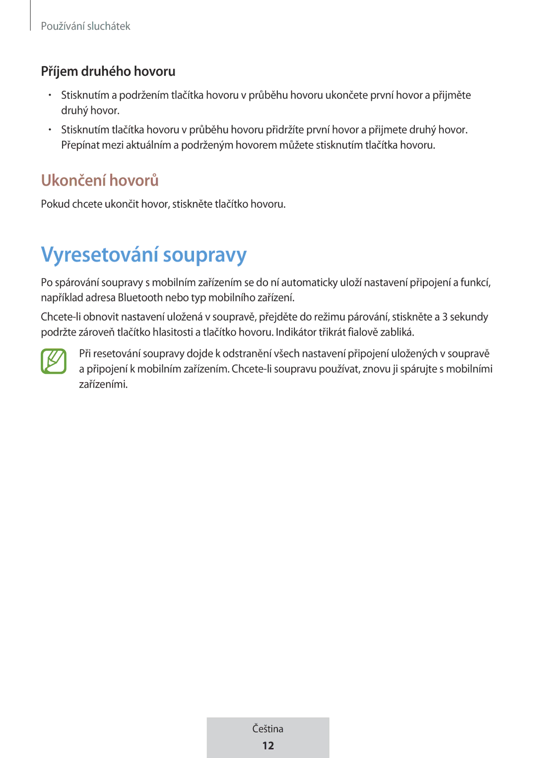 Samsung EO-MG920BBEGRU manual Vyresetování soupravy, Ukončení hovorů 