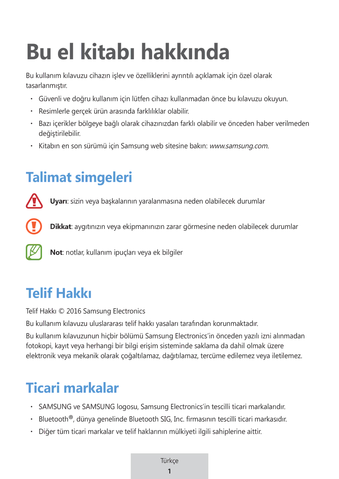 Samsung EO-MG920BBEGRU manual Talimat simgeleri, Telif Hakkı, Ticari markalar 