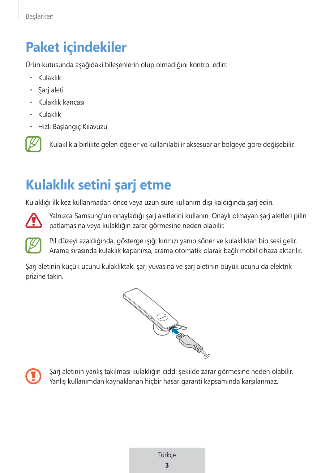 Samsung EO-MG920BBEGRU manual Paket içindekiler, Kulaklık setini şarj etme 