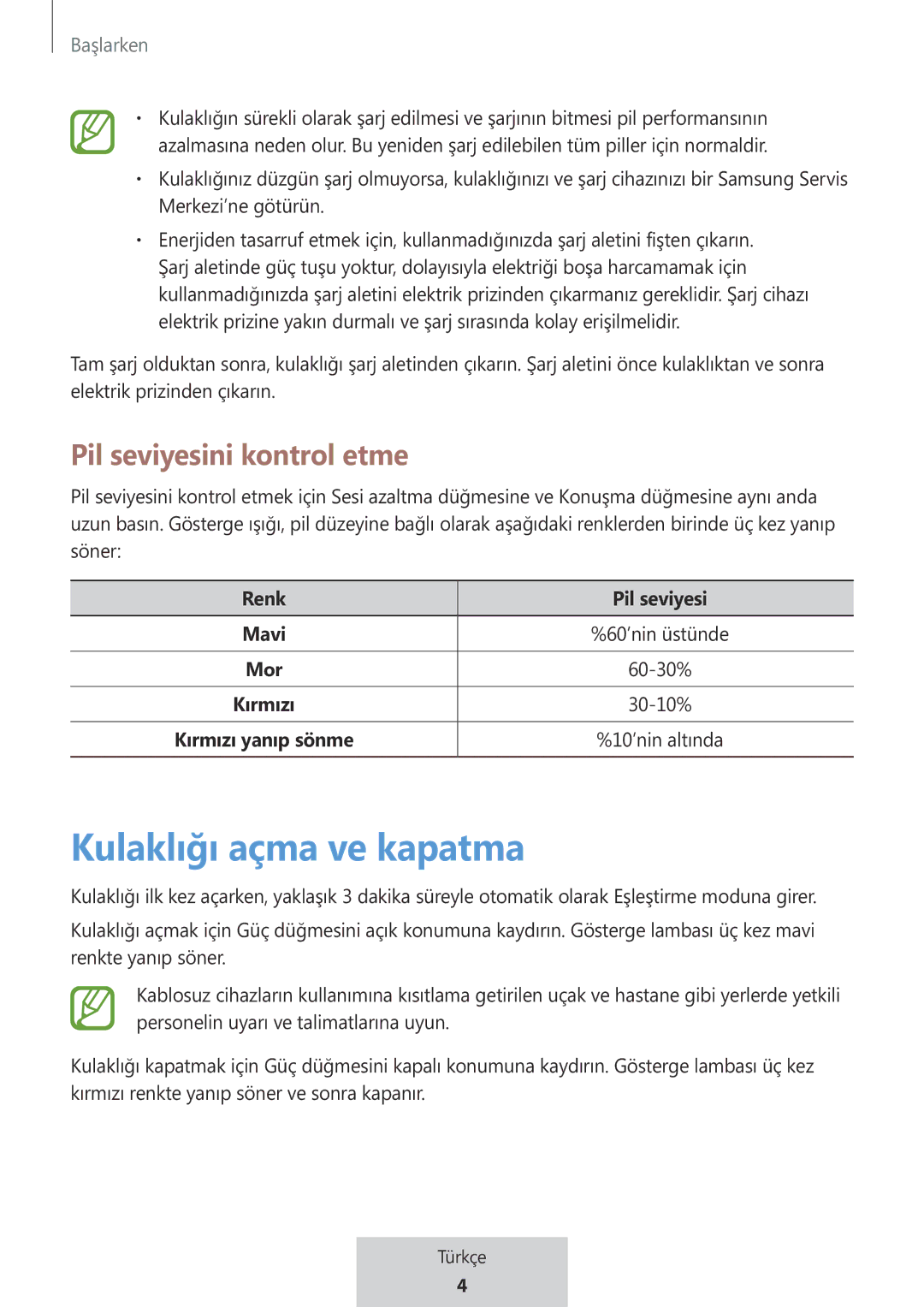 Samsung EO-MG920BBEGRU manual Kulaklığı açma ve kapatma, Pil seviyesini kontrol etme 