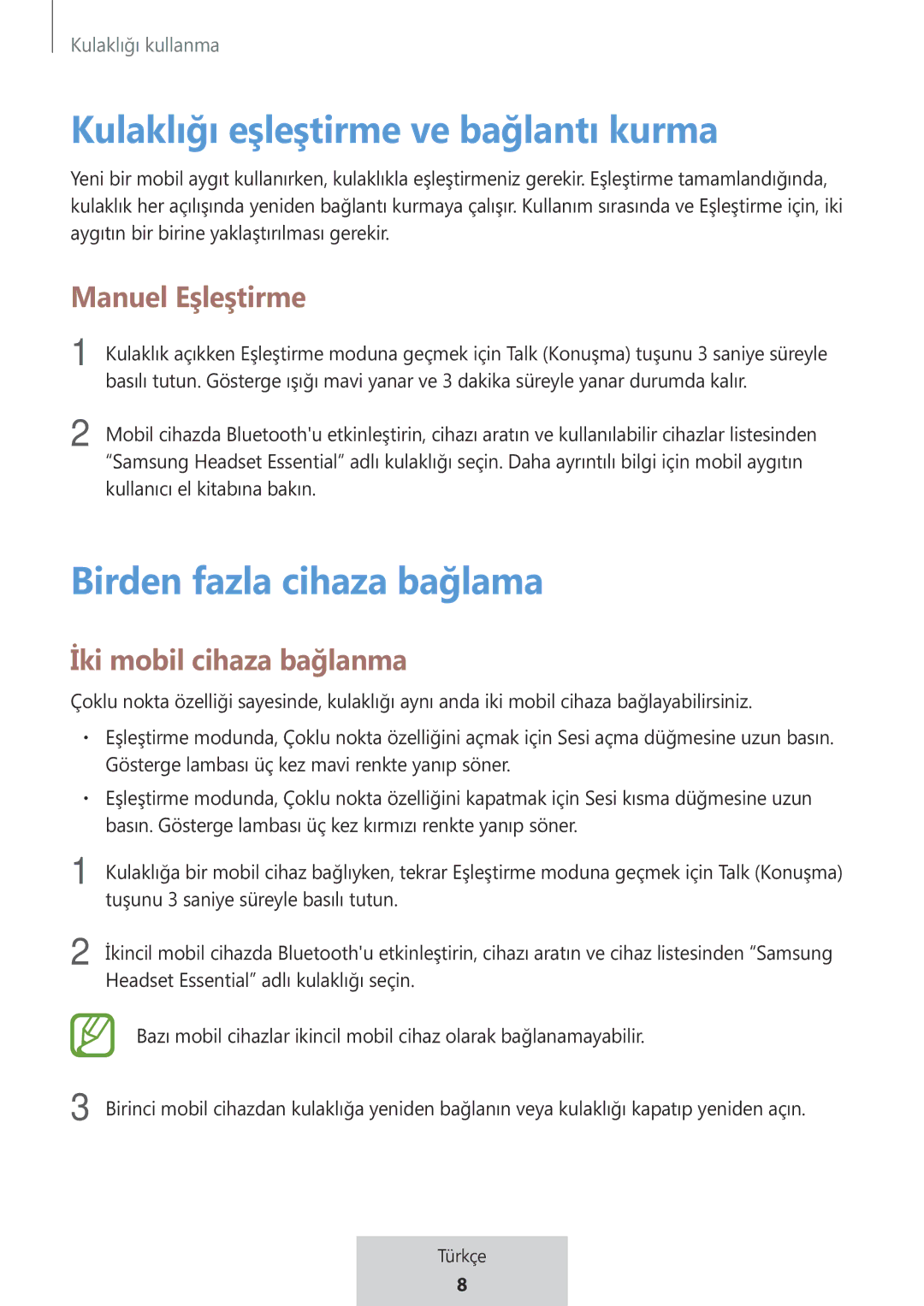 Samsung EO-MG920BBEGRU manual Kulaklığı eşleştirme ve bağlantı kurma, Birden fazla cihaza bağlama 