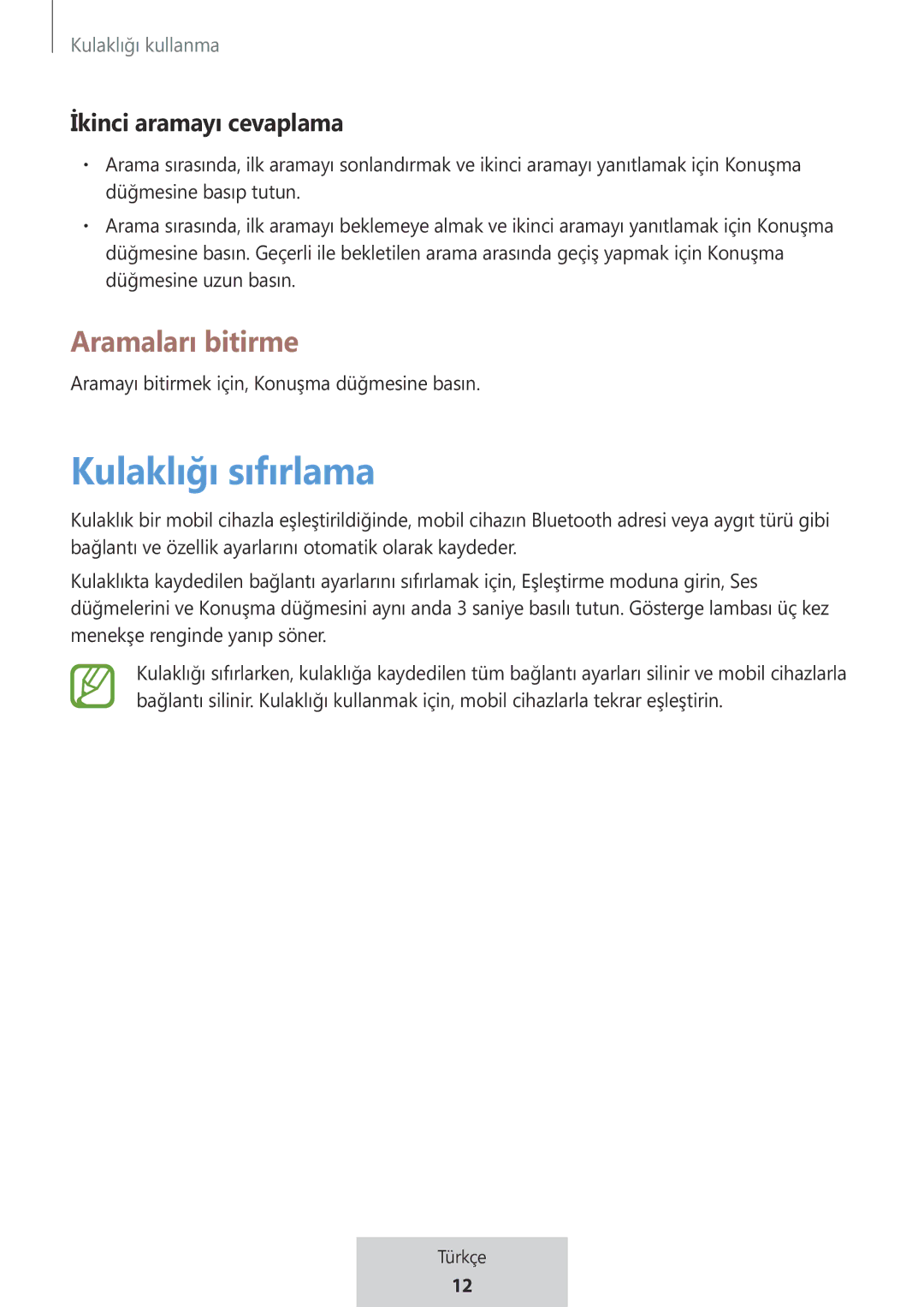 Samsung EO-MG920BBEGRU manual Kulaklığı sıfırlama, İkinci aramayı cevaplama 