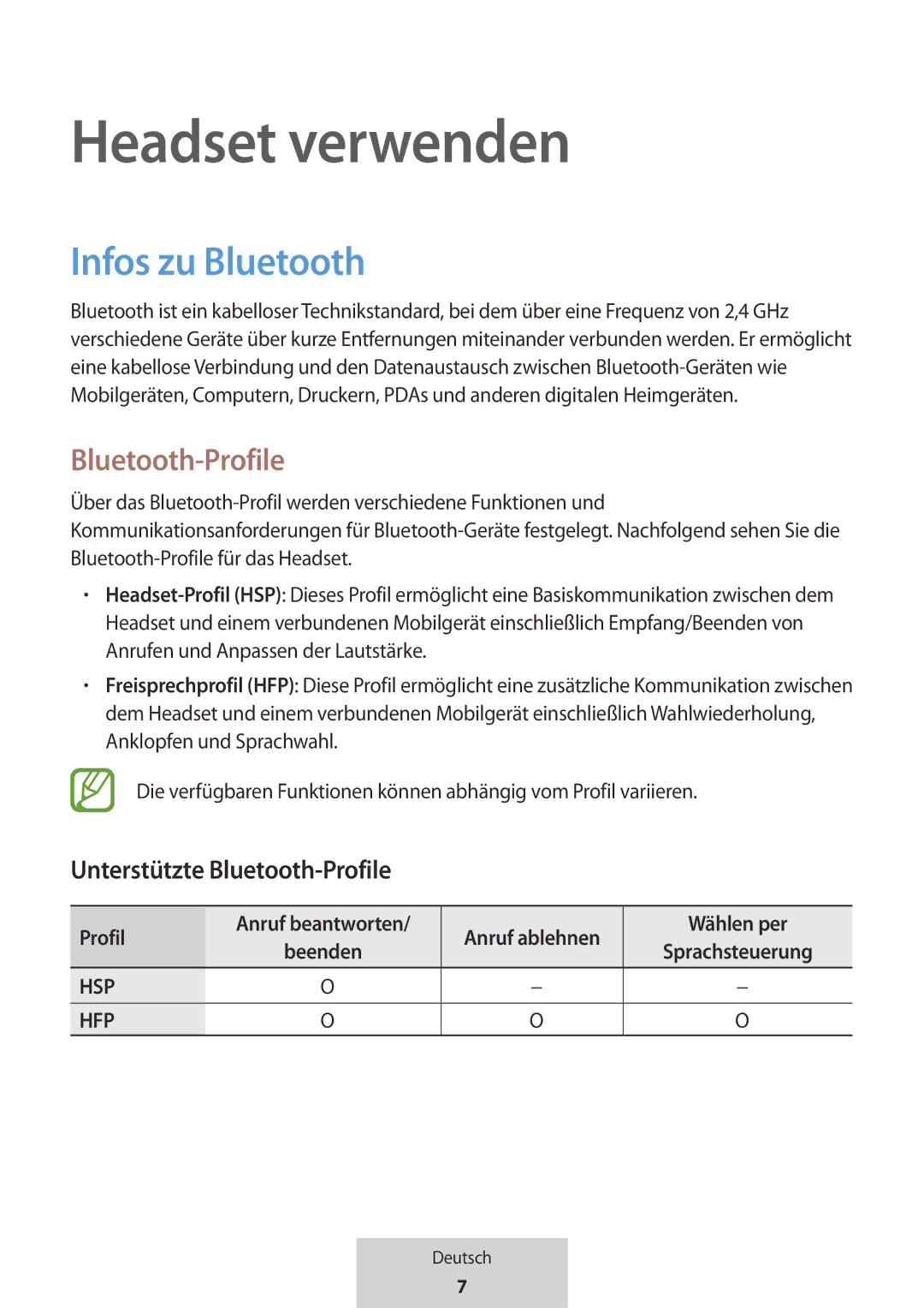 Samsung EO-MG920BBEGRU manual Headset verwenden, Infos zu Bluetooth, Unterstützte Bluetooth-Profile, Wählen per 