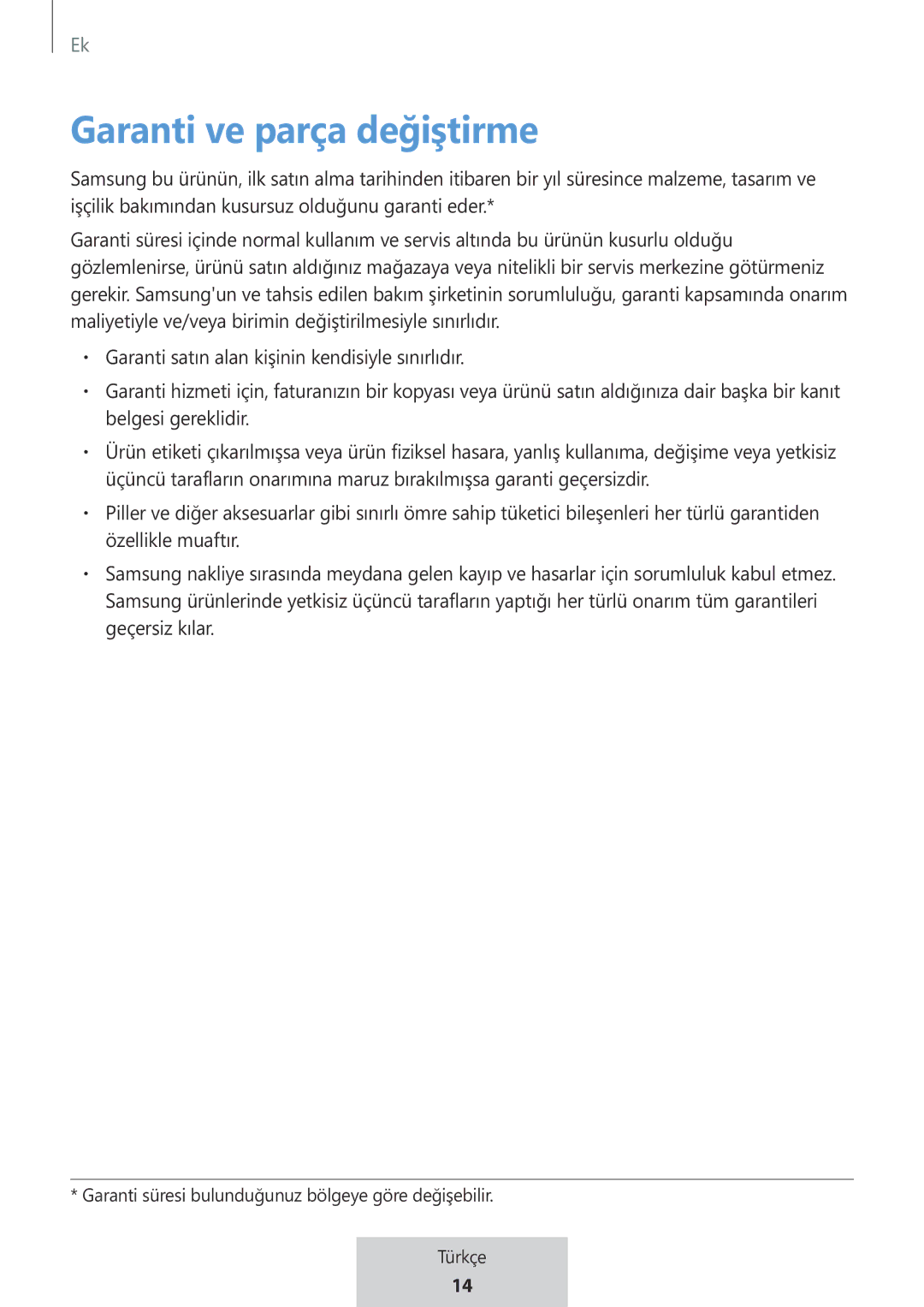 Samsung EO-MG920BBEGRU manual Garanti ve parça değiştirme 