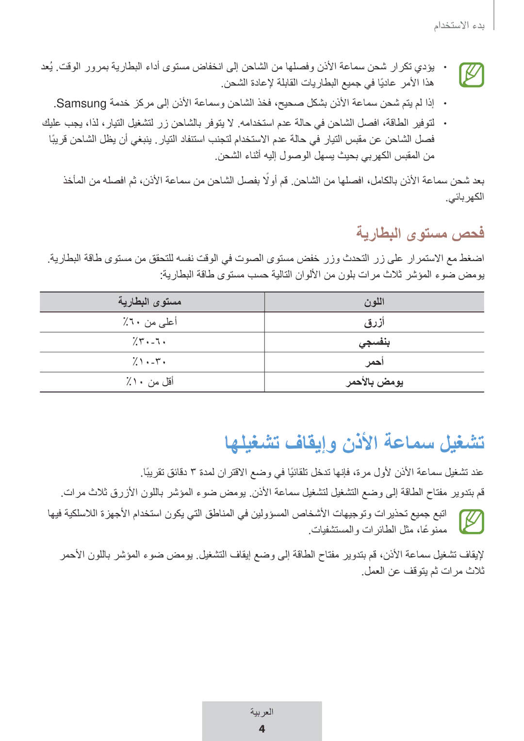 Samsung EO-MG920BBEGRU manual اهليغشت فاقيإو نذلأا ةعامس ليغشت, ةيراطبلا ىوتسم صحف, ةيراطبلا ىوتسم نوللا, قرزأ, رمحأ 