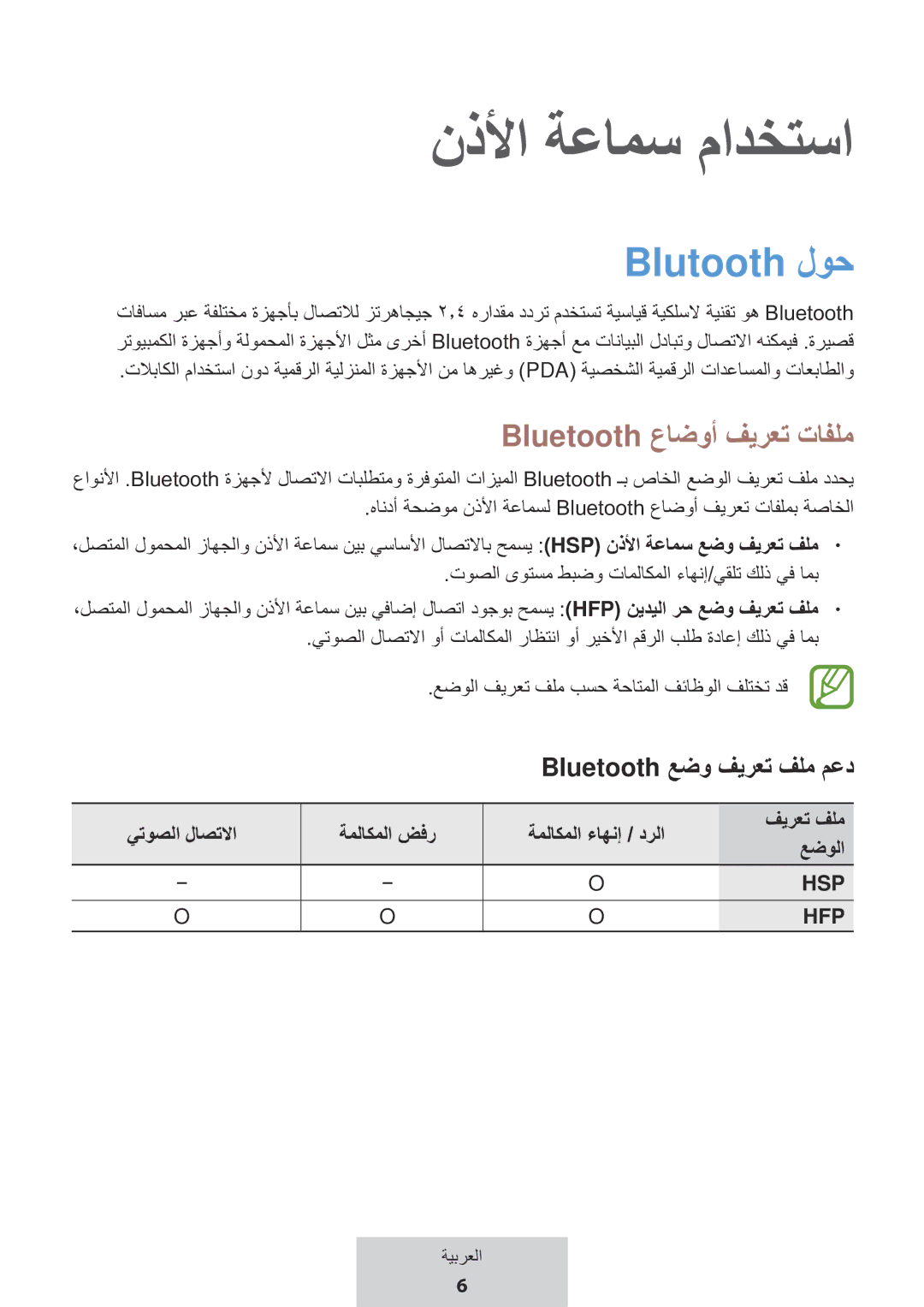 Samsung EO-MG920BBEGRU manual نذلأا ةعامس مادختسا, Blutooth لوح, Bluetooth عاضوأ فيرعت تافلم, Bluetooth عضو فيرعت فلم معد 