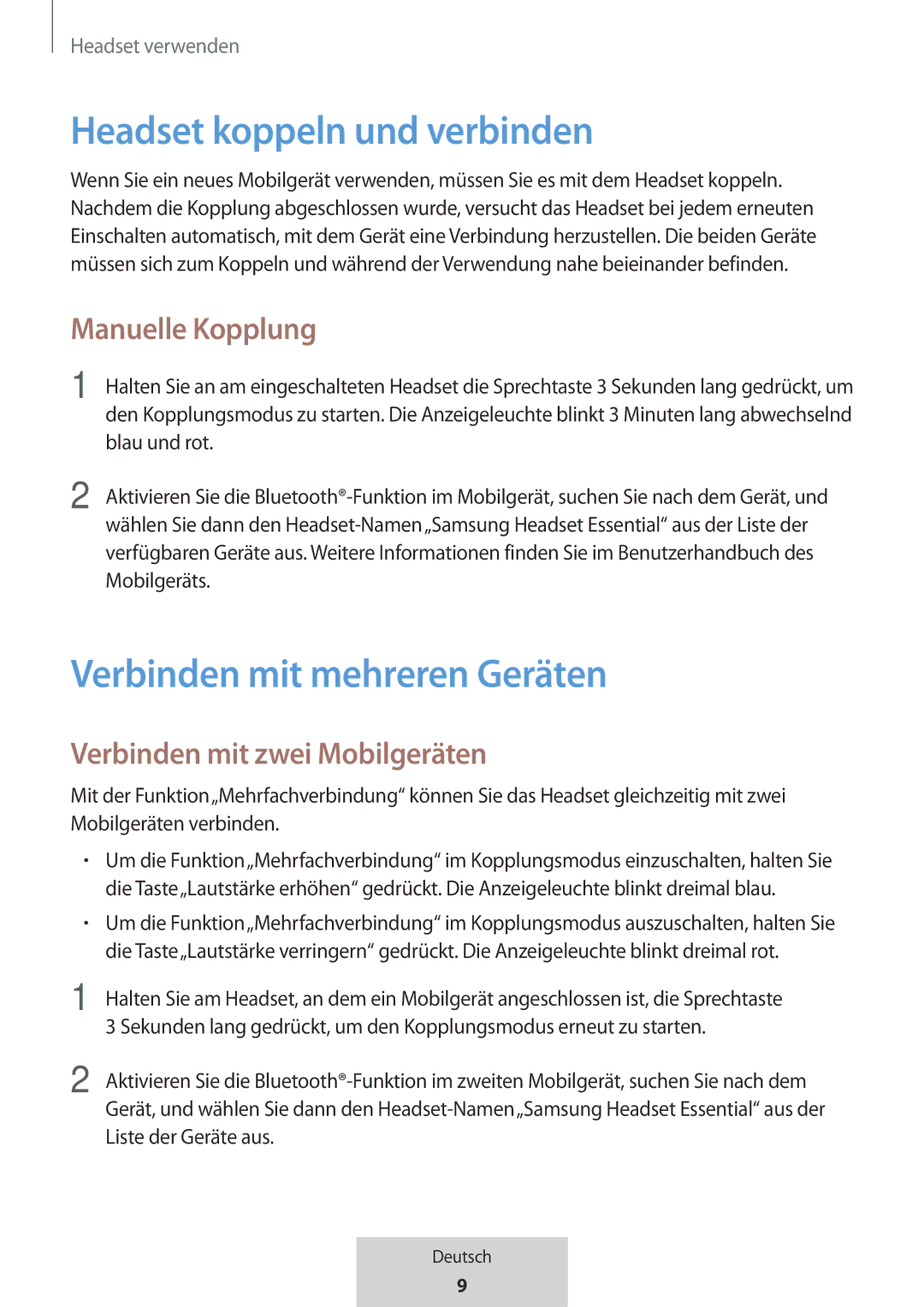 Samsung EO-MG920BBEGRU manual Headset koppeln und verbinden, Verbinden mit mehreren Geräten, Manuelle Kopplung 