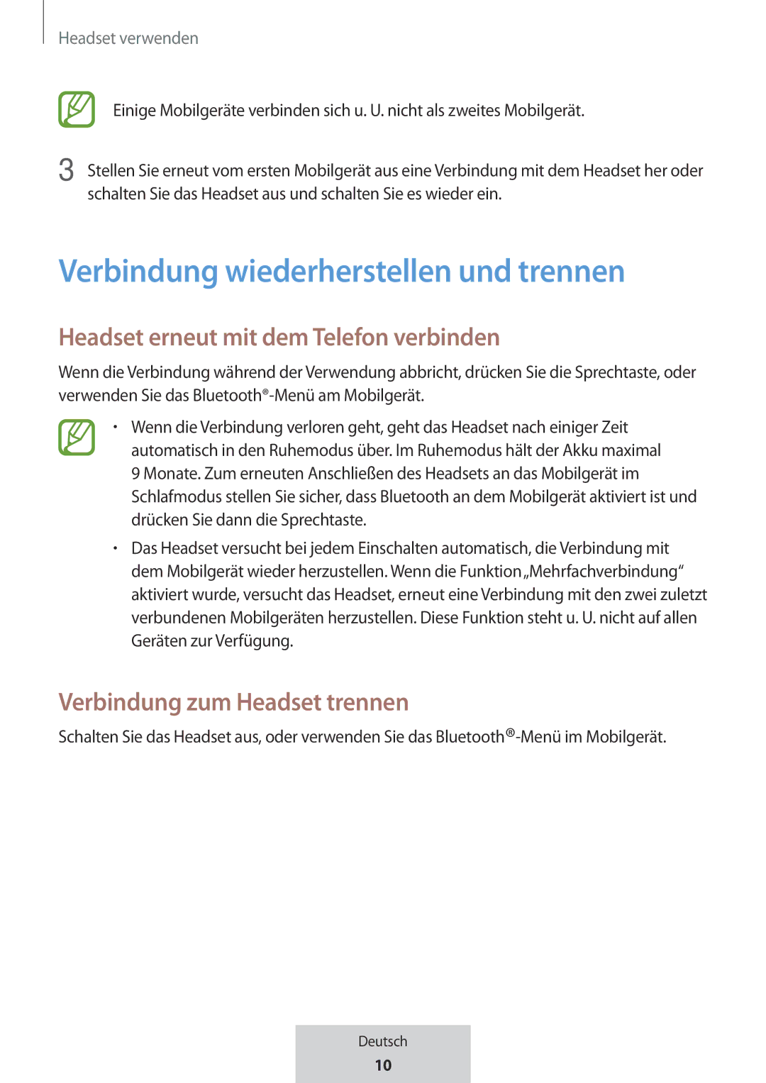 Samsung EO-MG920BBEGRU manual Verbindung wiederherstellen und trennen, Headset erneut mit dem Telefon verbinden 