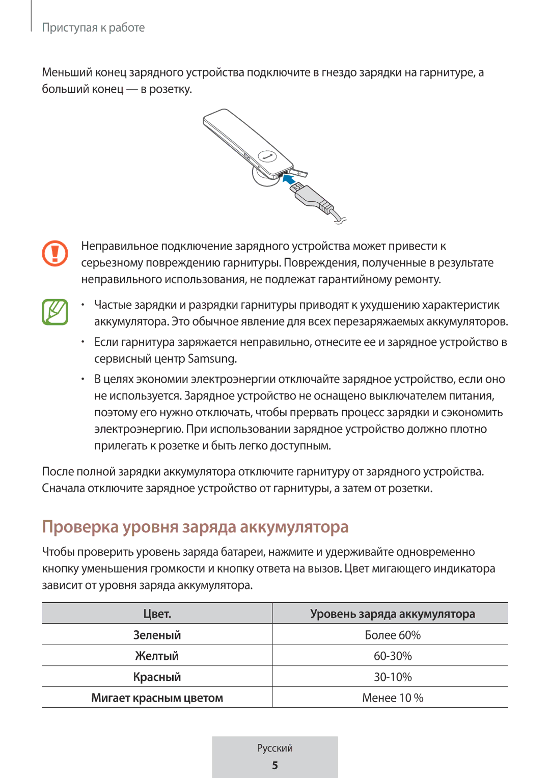 Samsung EO-MG920BBEGRU manual Проверка уровня заряда аккумулятора, Цвет, Уровень заряда аккумулятора 