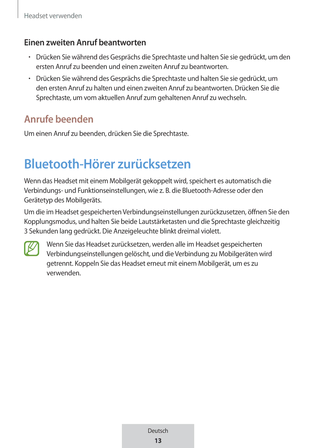 Samsung EO-MG920BBEGRU manual Bluetooth-Hörer zurücksetzen, Anrufe beenden, Einen zweiten Anruf beantworten 