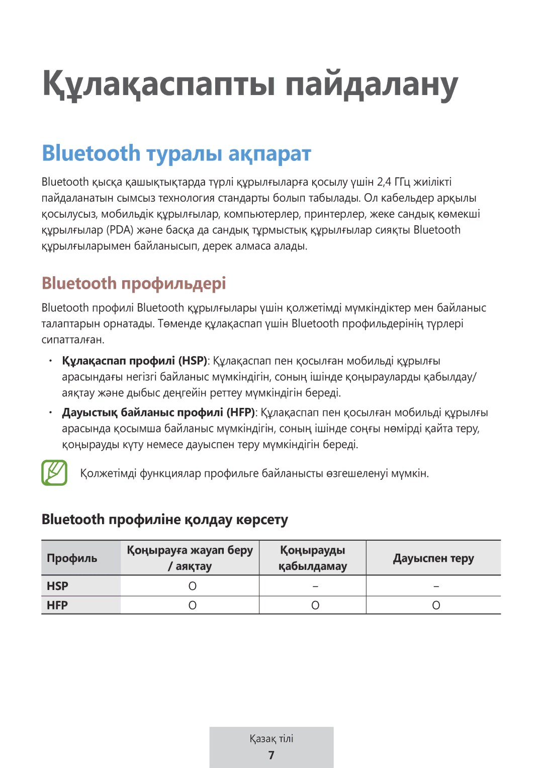 Samsung EO-MG920BBEGRU manual Құлақаспапты пайдалану, Bluetooth туралы ақпарат 