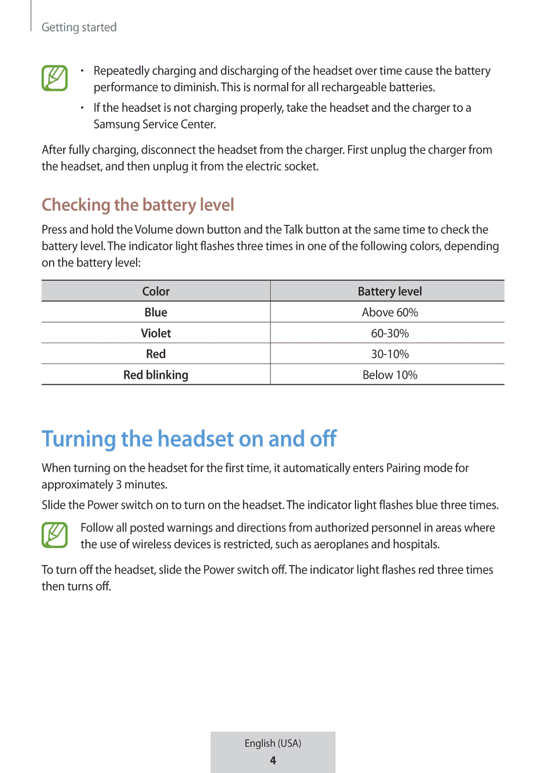 Samsung EO-MG920BBEGRU manual Checking the battery level, Color Battery level 