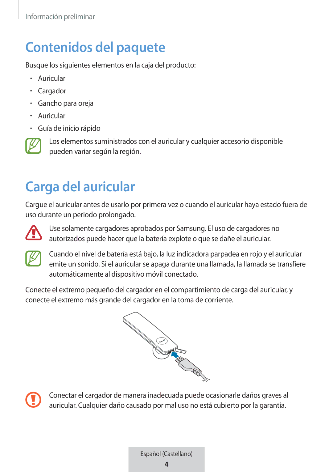 Samsung EO-MG920BBEGRU manual Contenidos del paquete, Carga del auricular 