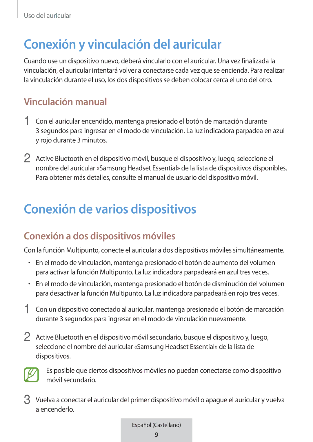 Samsung EO-MG920BBEGRU manual Conexión y vinculación del auricular, Conexión de varios dispositivos 