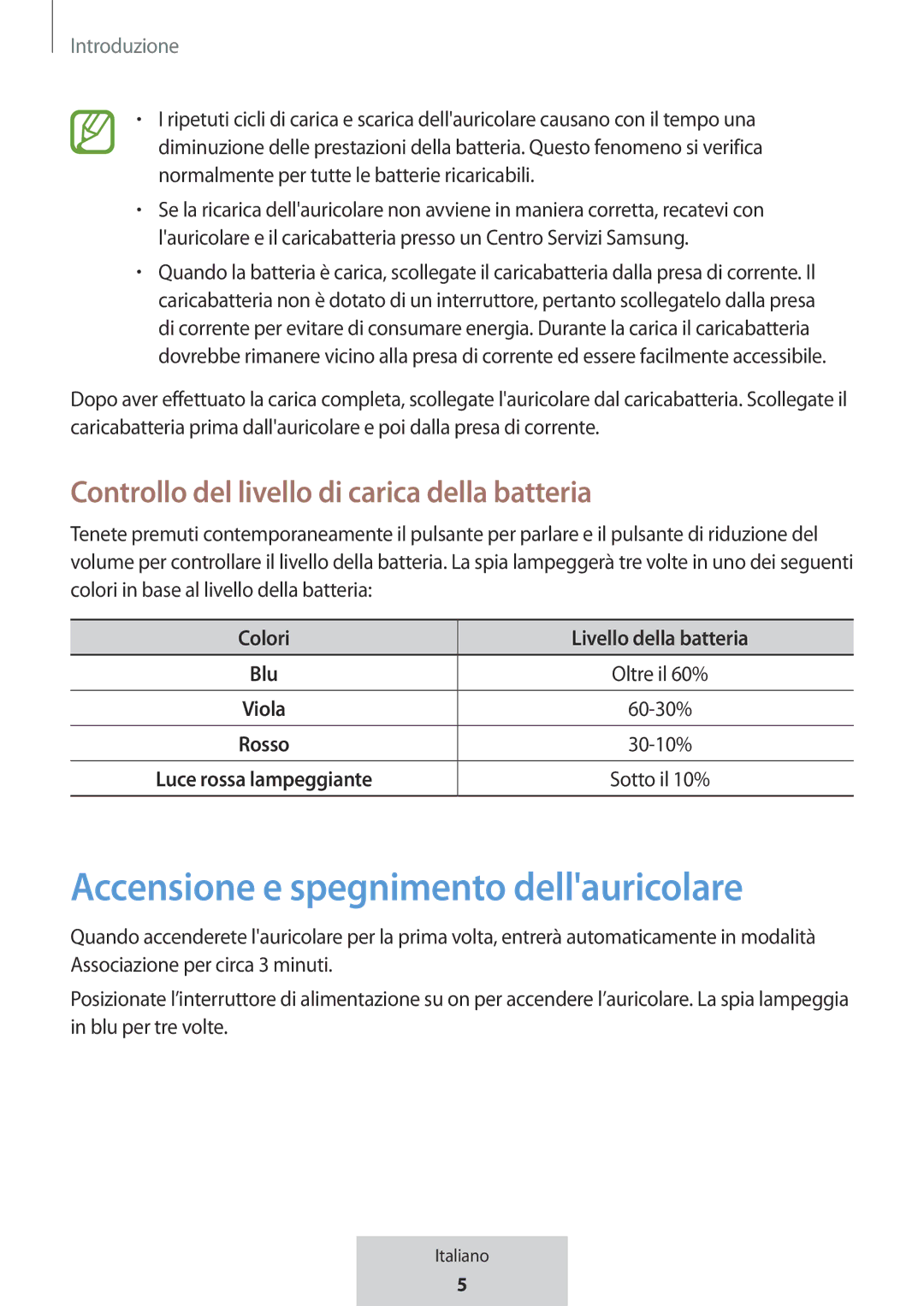 Samsung EO-MG920BBEGRU manual Accensione e spegnimento dellauricolare, Controllo del livello di carica della batteria 