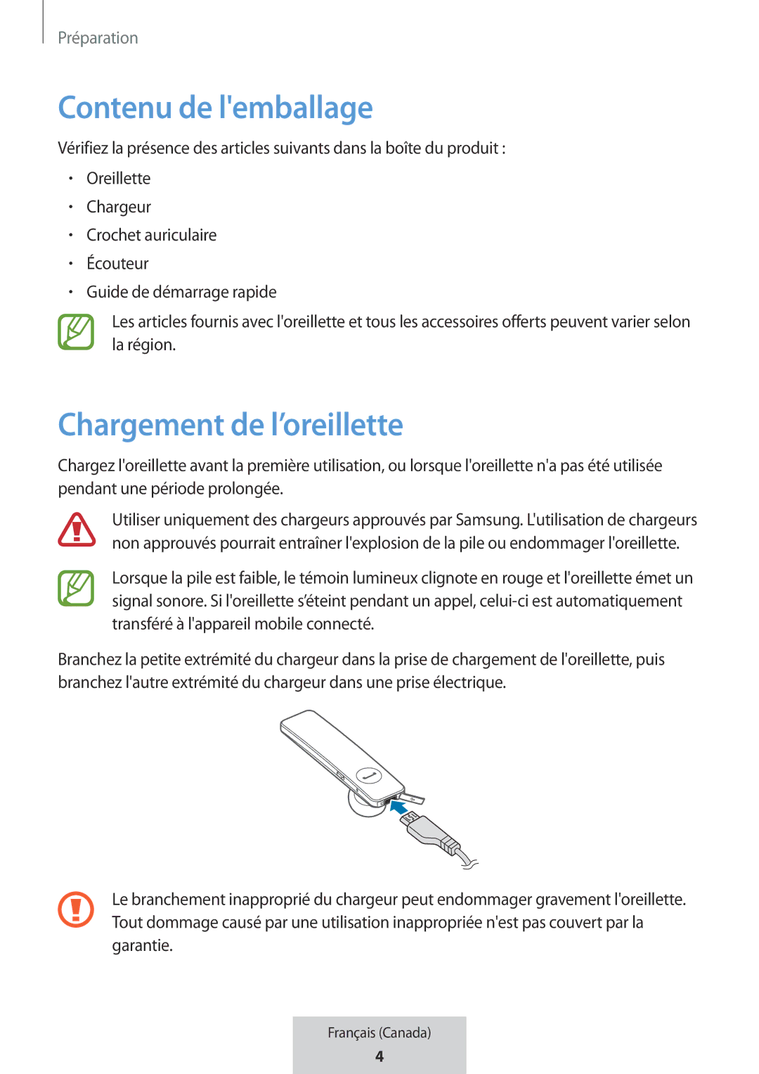 Samsung EO-MG920BBEGRU manual Contenu de lemballage, Chargement de l’oreillette 