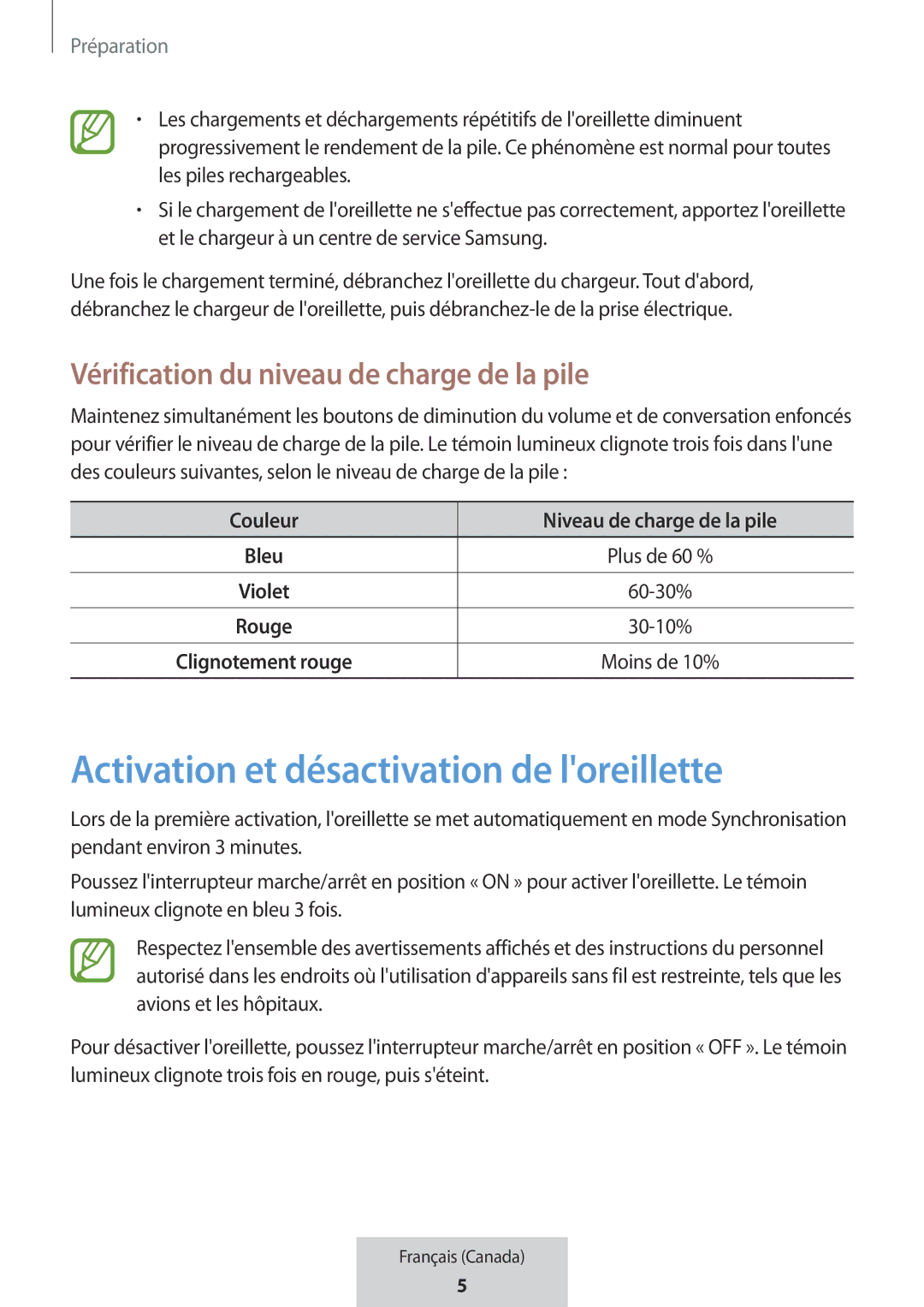 Samsung EO-MG920BBEGRU manual Activation et désactivation de loreillette, Vérification du niveau de charge de la pile 