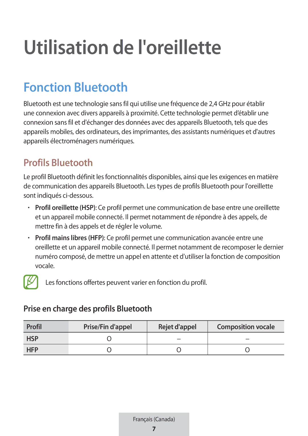 Samsung EO-MG920BBEGRU manual Utilisation de loreillette, Fonction Bluetooth, Prise en charge des profils Bluetooth 