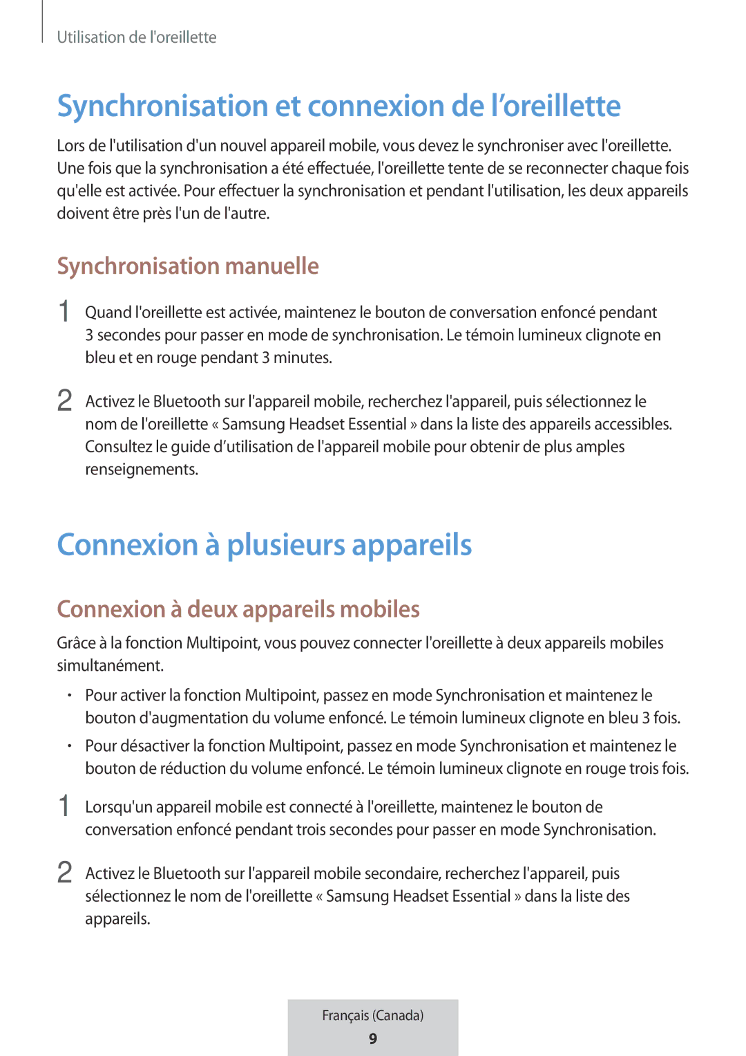 Samsung EO-MG920BBEGRU manual Synchronisation et connexion de l’oreillette, Synchronisation manuelle 