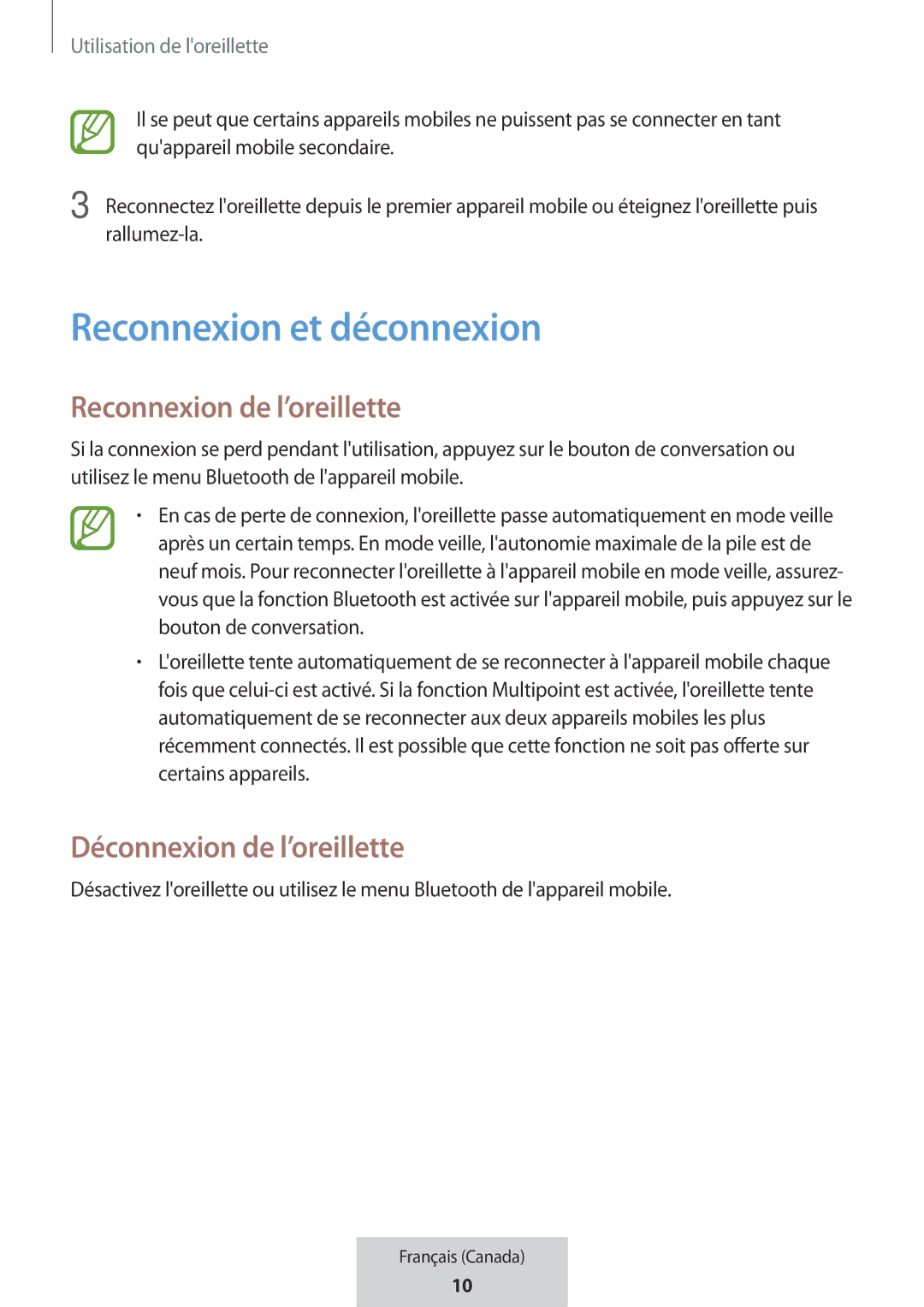 Samsung EO-MG920BBEGRU manual Reconnexion et déconnexion, Reconnexion de l’oreillette, Déconnexion de l’oreillette 