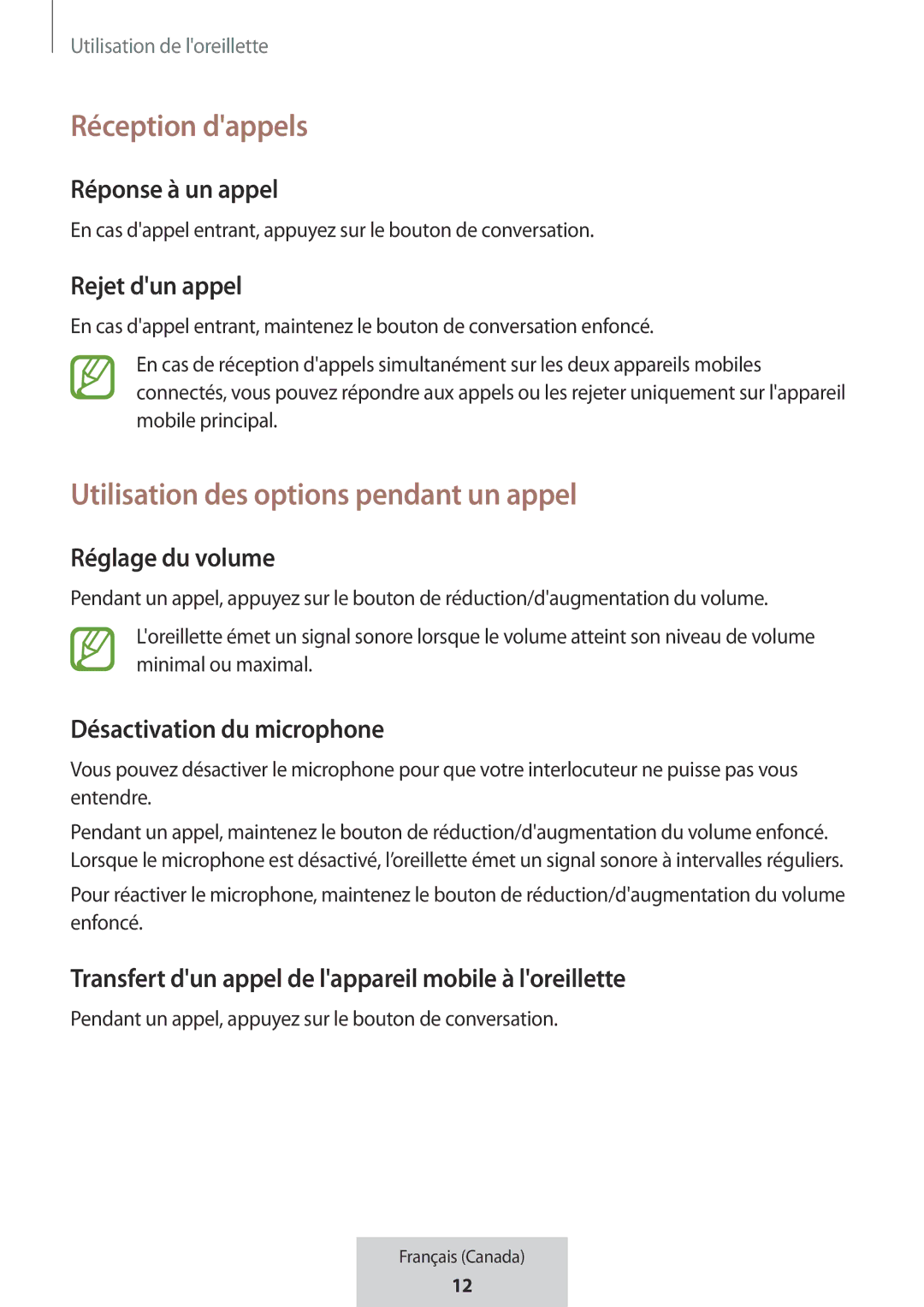 Samsung EO-MG920BBEGRU manual Réception dappels, Utilisation des options pendant un appel 