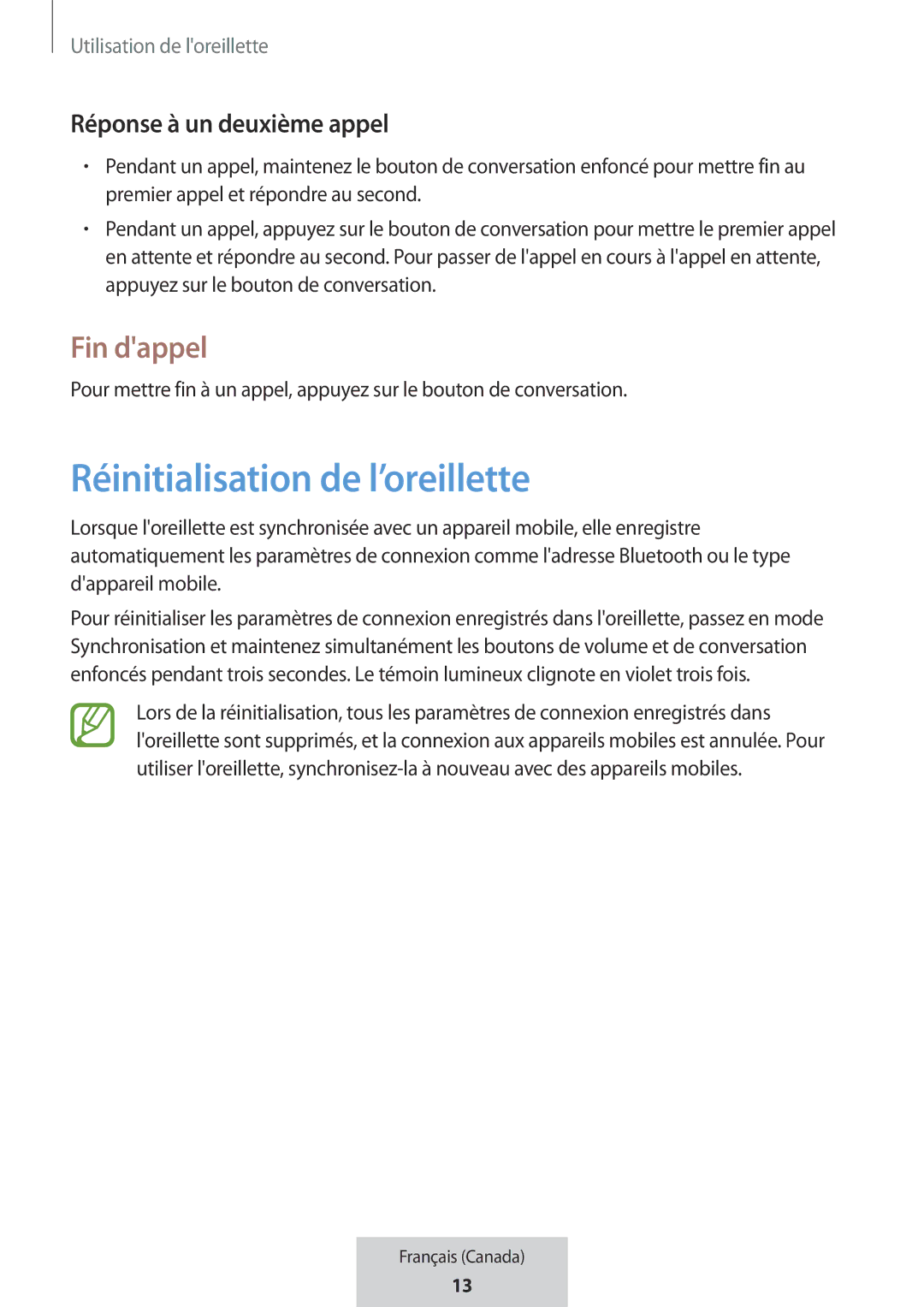 Samsung EO-MG920BBEGRU manual Réinitialisation de l’oreillette, Fin dappel, Réponse à un deuxième appel 