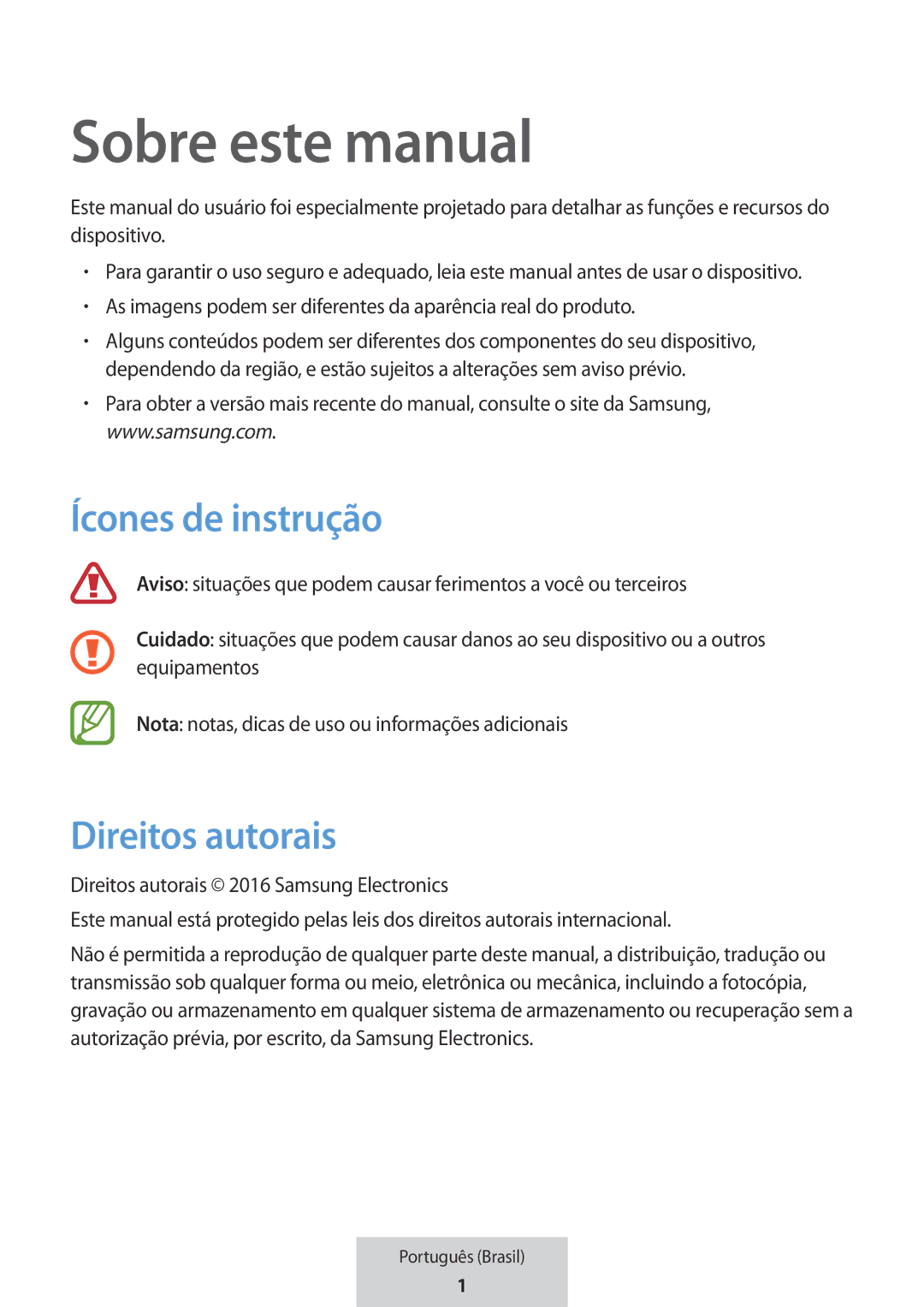 Samsung EO-MG920BBEGRU manual Ícones de instrução, Direitos autorais 