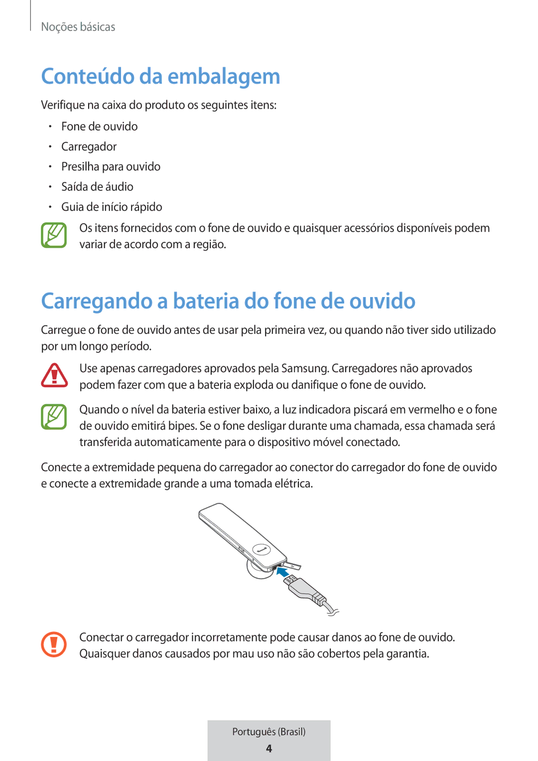 Samsung EO-MG920BBEGRU manual Conteúdo da embalagem, Carregando a bateria do fone de ouvido 