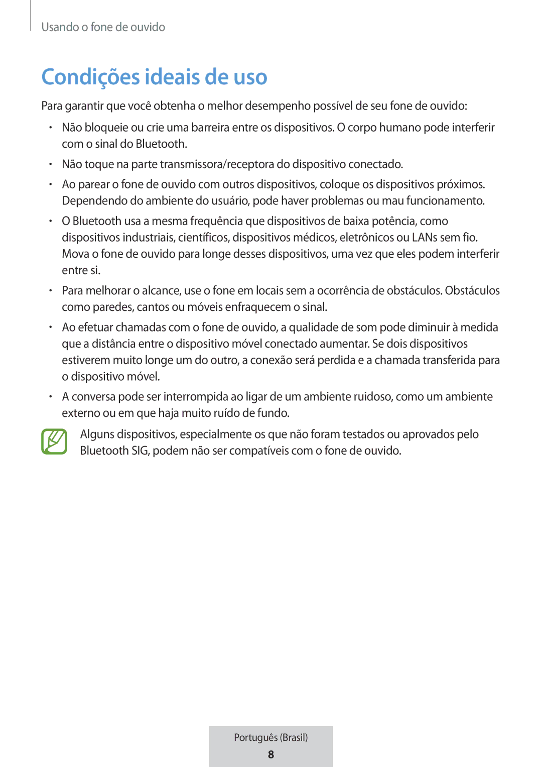 Samsung EO-MG920BBEGRU manual Condições ideais de uso 