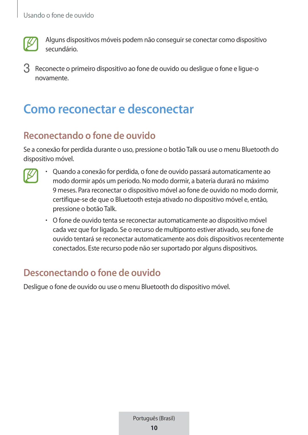 Samsung EO-MG920BBEGRU manual Como reconectar e desconectar, Reconectando o fone de ouvido, Desconectando o fone de ouvido 