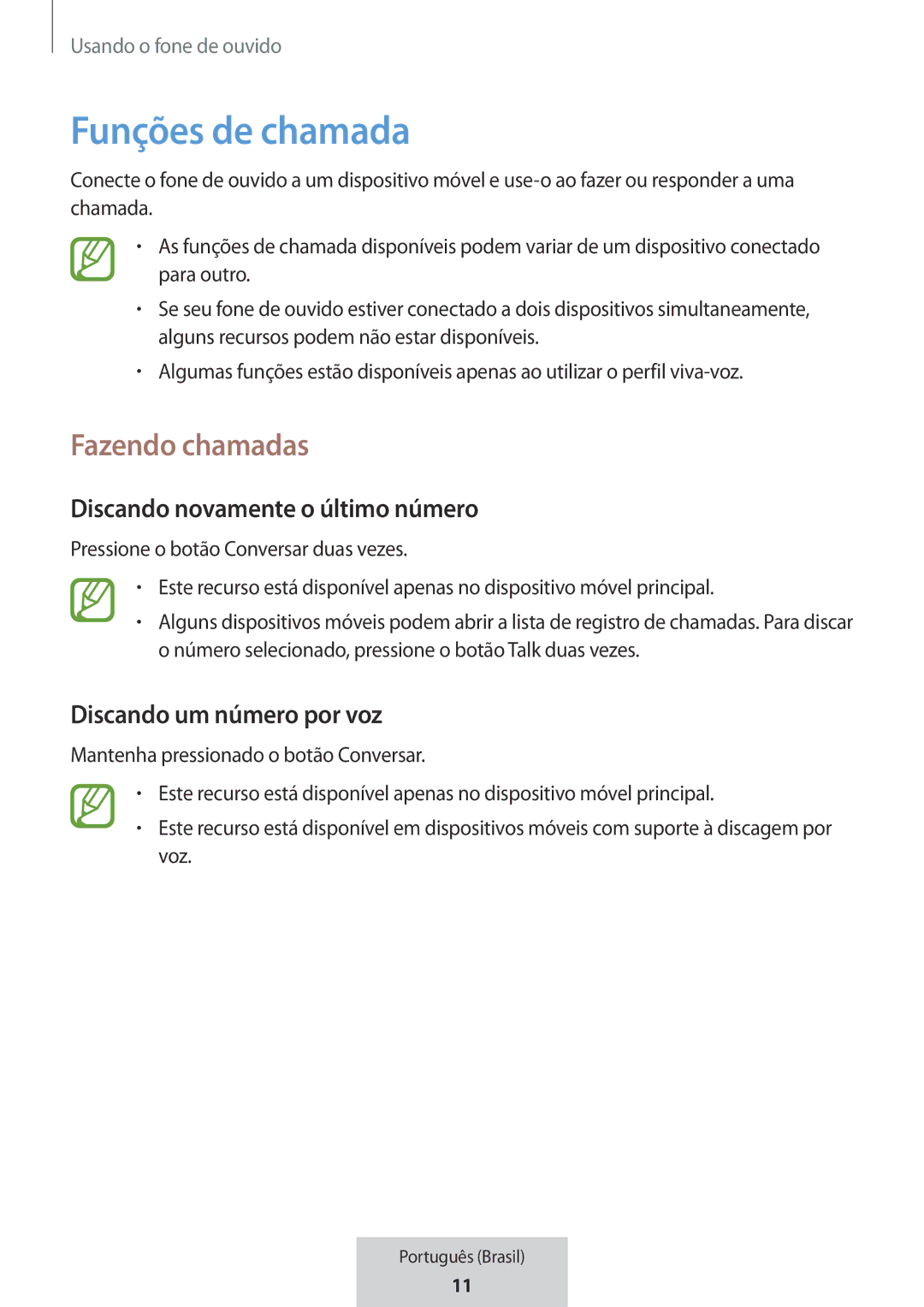 Samsung EO-MG920BBEGRU manual Funções de chamada, Fazendo chamadas, Discando novamente o último número 