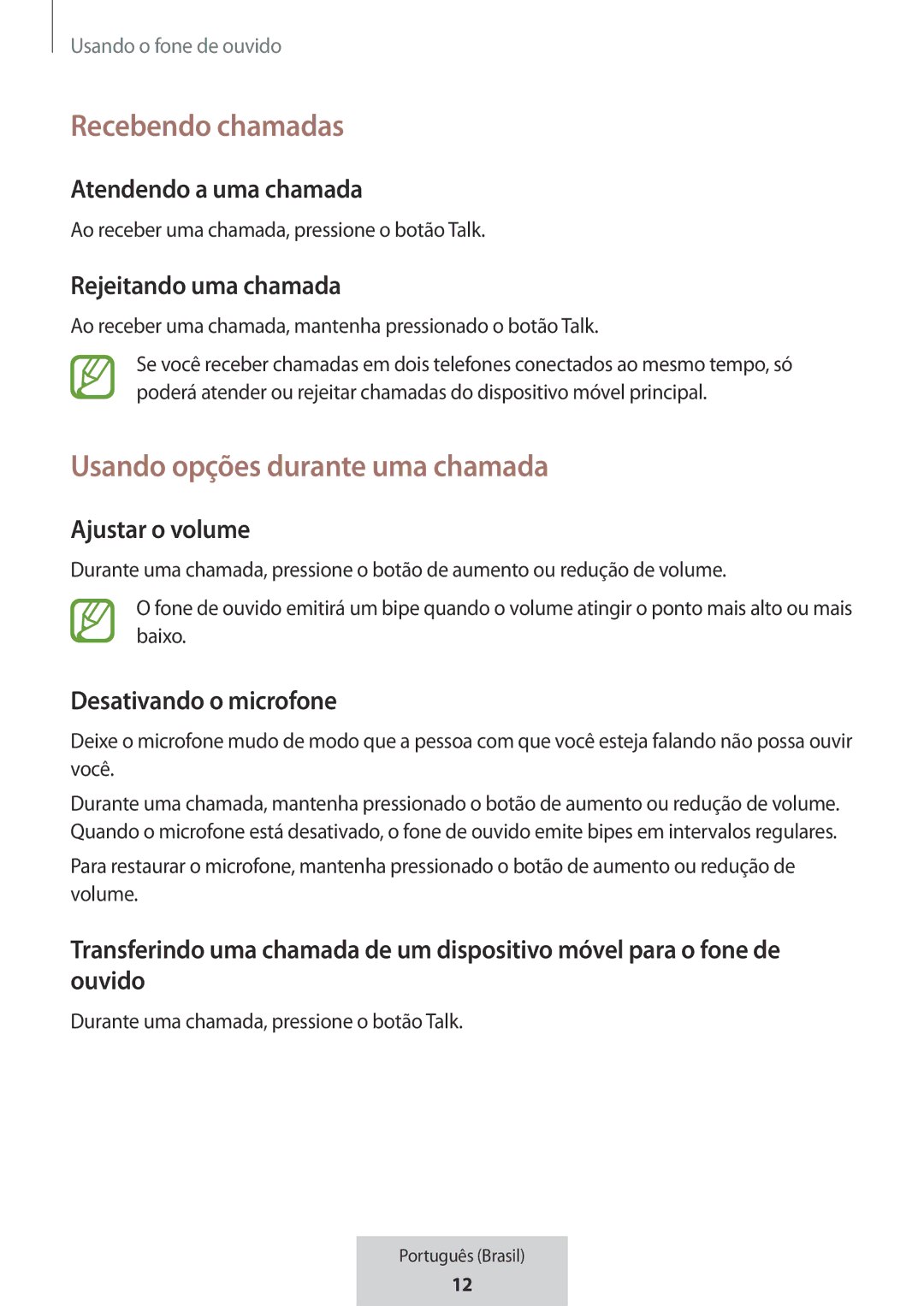 Samsung EO-MG920BBEGRU manual Recebendo chamadas, Usando opções durante uma chamada 