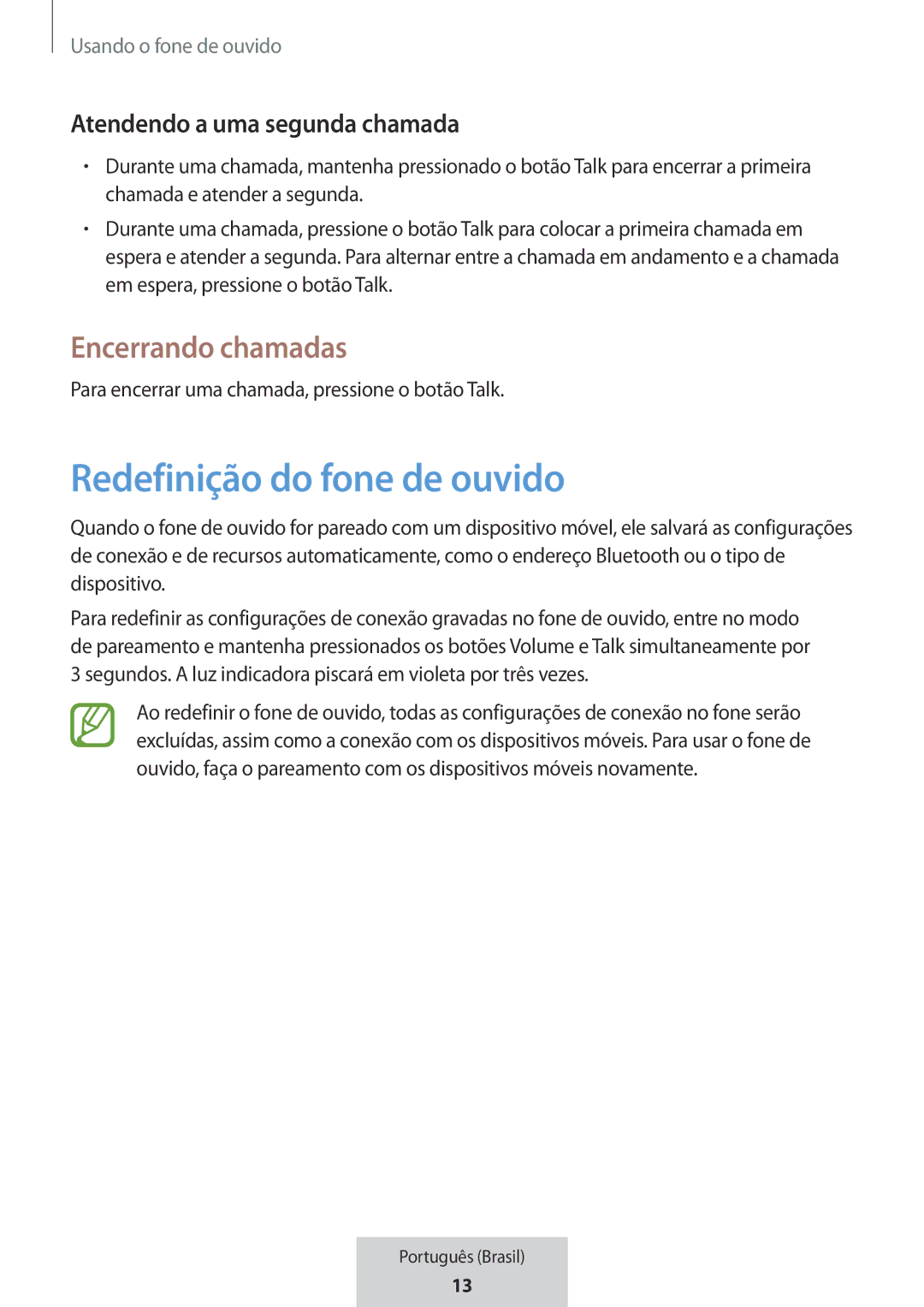 Samsung EO-MG920BBEGRU manual Redefinição do fone de ouvido, Encerrando chamadas, Atendendo a uma segunda chamada 