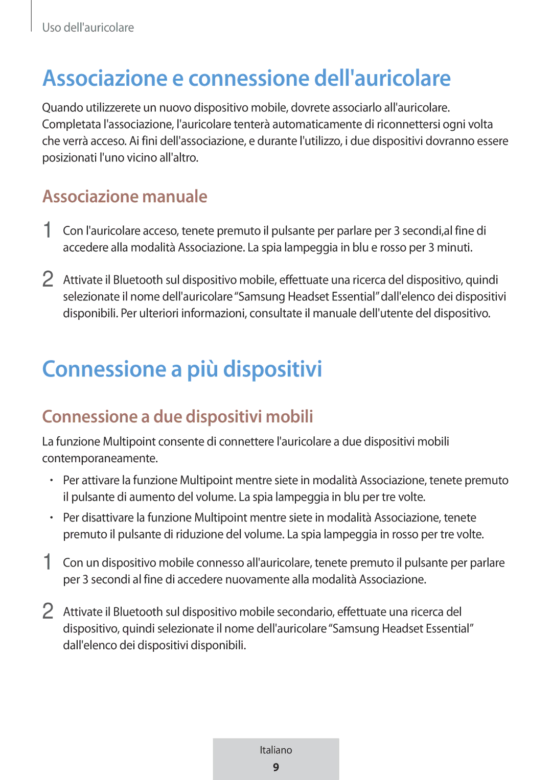 Samsung EO-MG920BBEGRU Associazione e connessione dellauricolare, Connessione a più dispositivi, Associazione manuale 