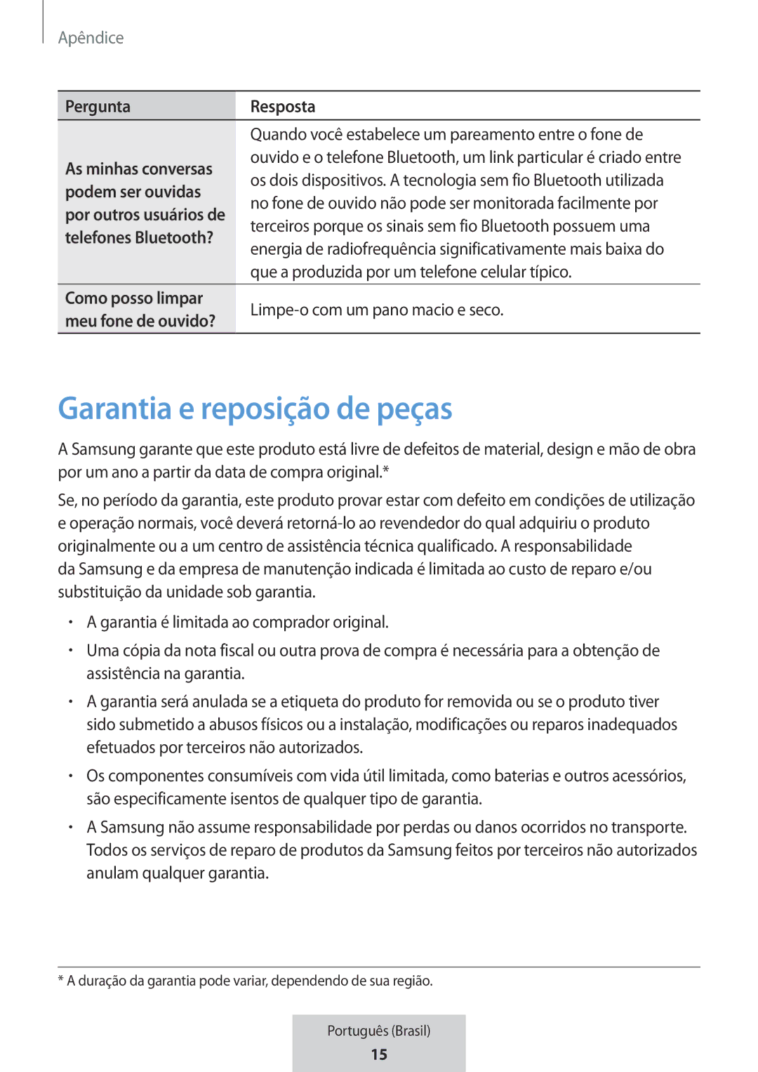 Samsung EO-MG920BBEGRU manual Garantia e reposição de peças, Pergunta Resposta, Podem ser ouvidas 