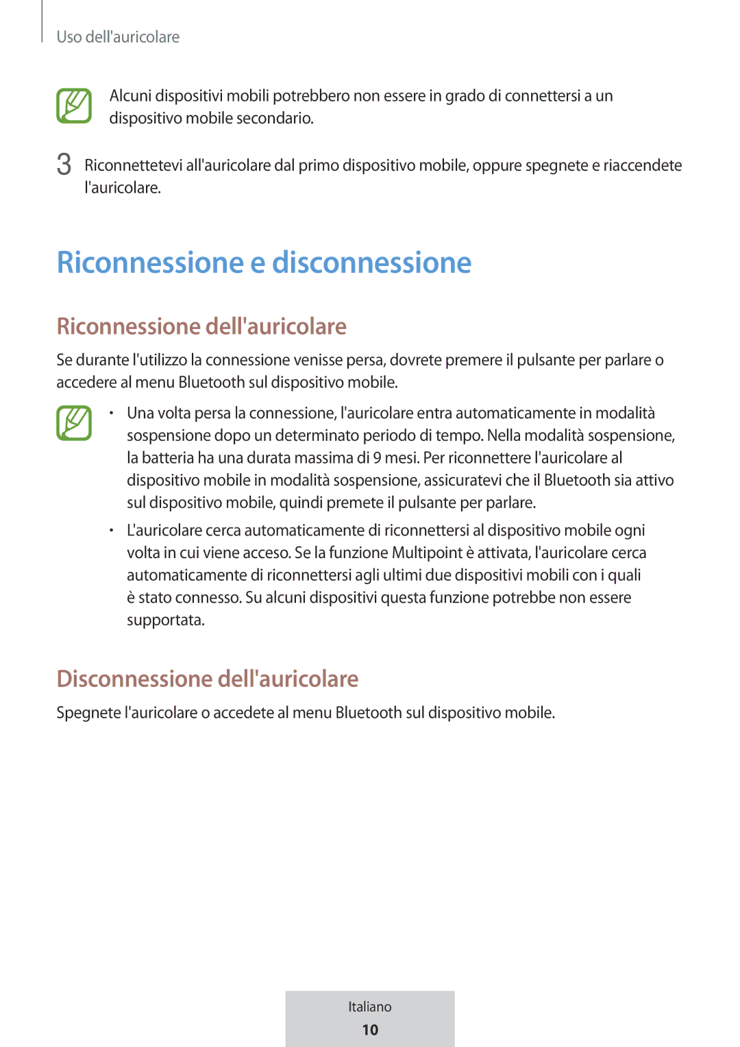 Samsung EO-MG920BBEGRU manual Riconnessione e disconnessione, Riconnessione dellauricolare, Disconnessione dellauricolare 