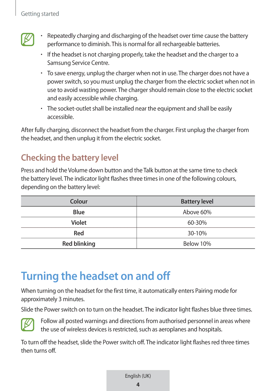 Samsung EO-MG920BBEGRU manual Turning the headset on and off, Checking the battery level, Colour Battery level 