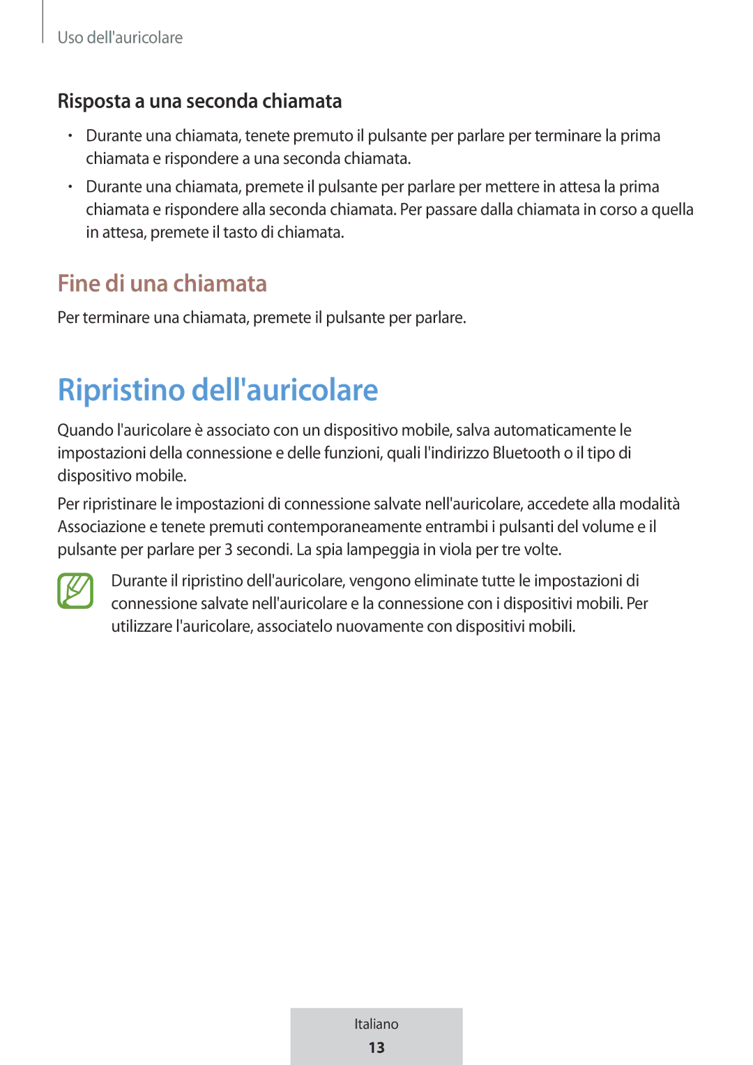 Samsung EO-MG920BBEGRU manual Ripristino dellauricolare, Fine di una chiamata, Risposta a una seconda chiamata 