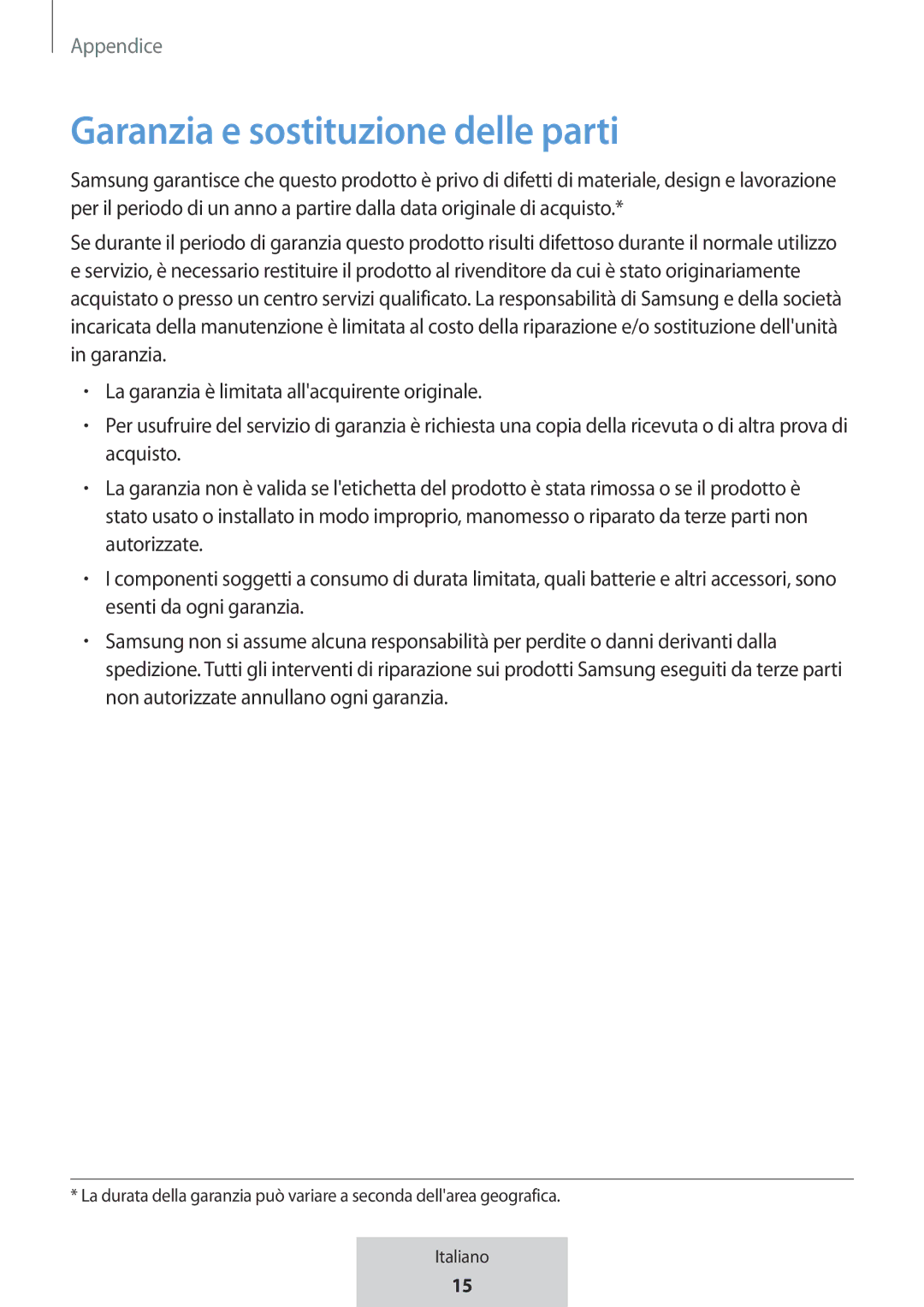 Samsung EO-MG920BBEGRU manual Garanzia e sostituzione delle parti 