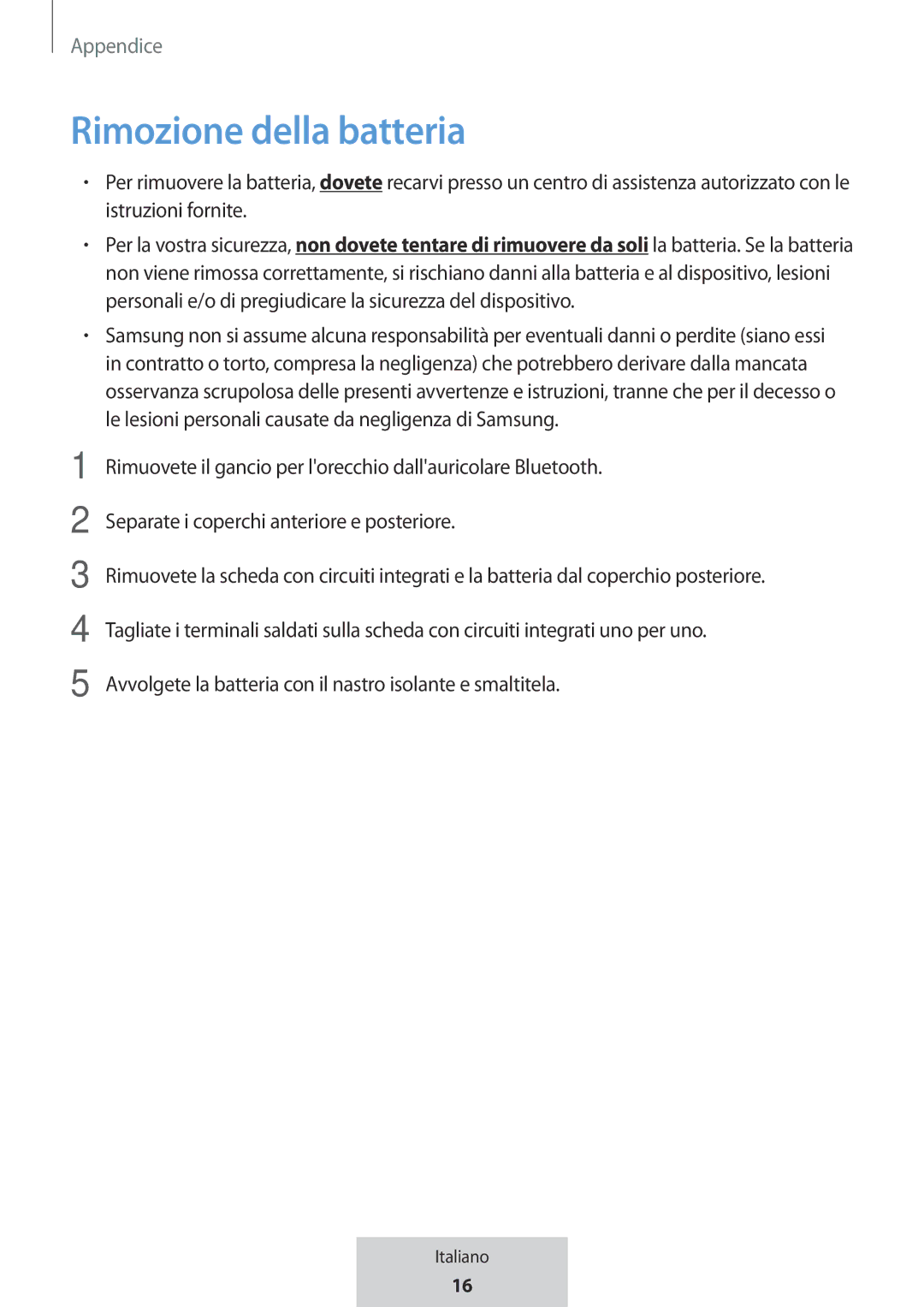 Samsung EO-MG920BBEGRU manual Rimozione della batteria 