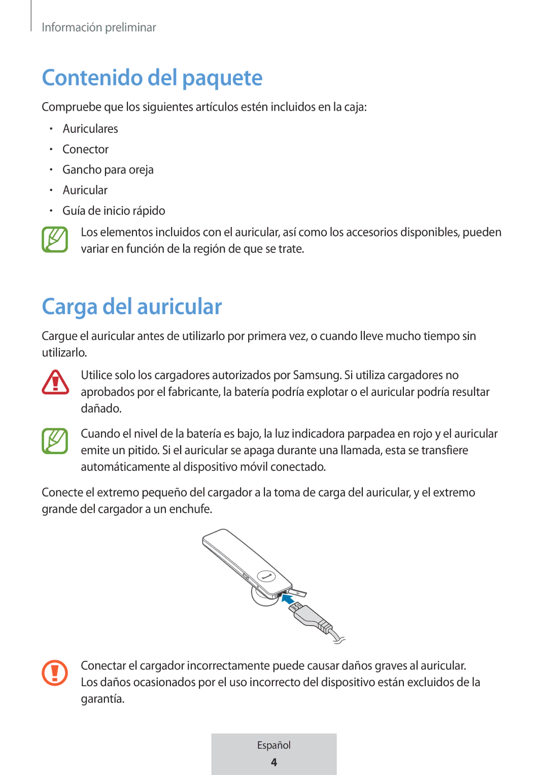 Samsung EO-MG920BBEGRU manual Contenido del paquete, Carga del auricular 