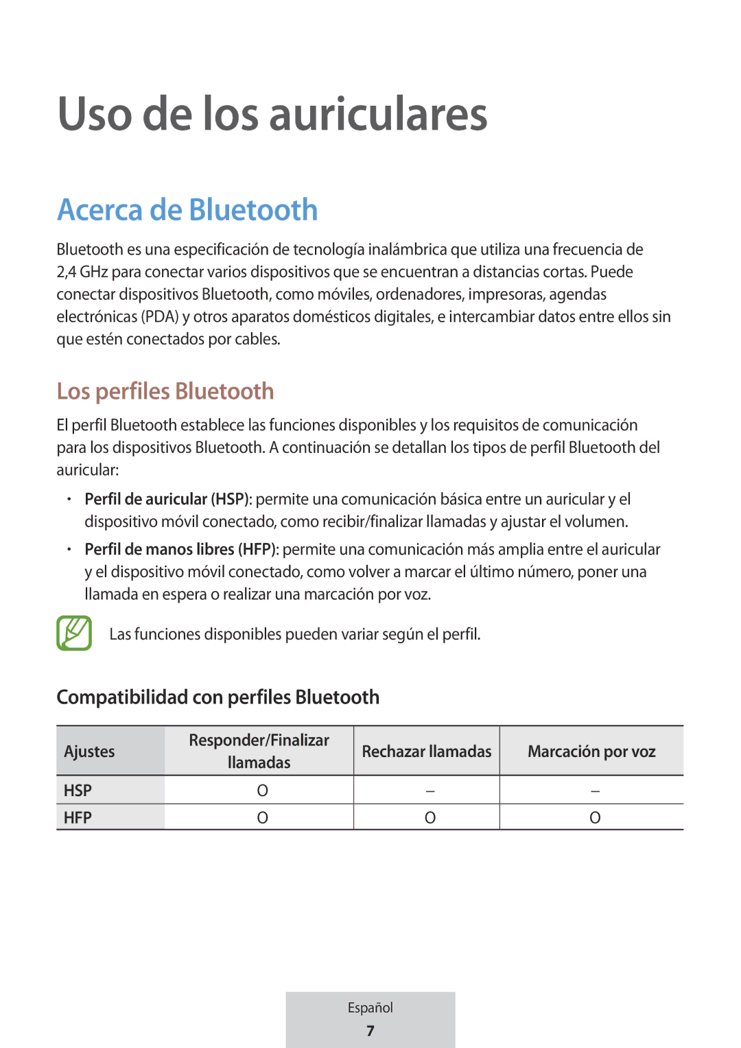 Samsung EO-MG920BBEGRU manual Uso de los auriculares, Acerca de Bluetooth, Los perfiles Bluetooth, Ajustes 