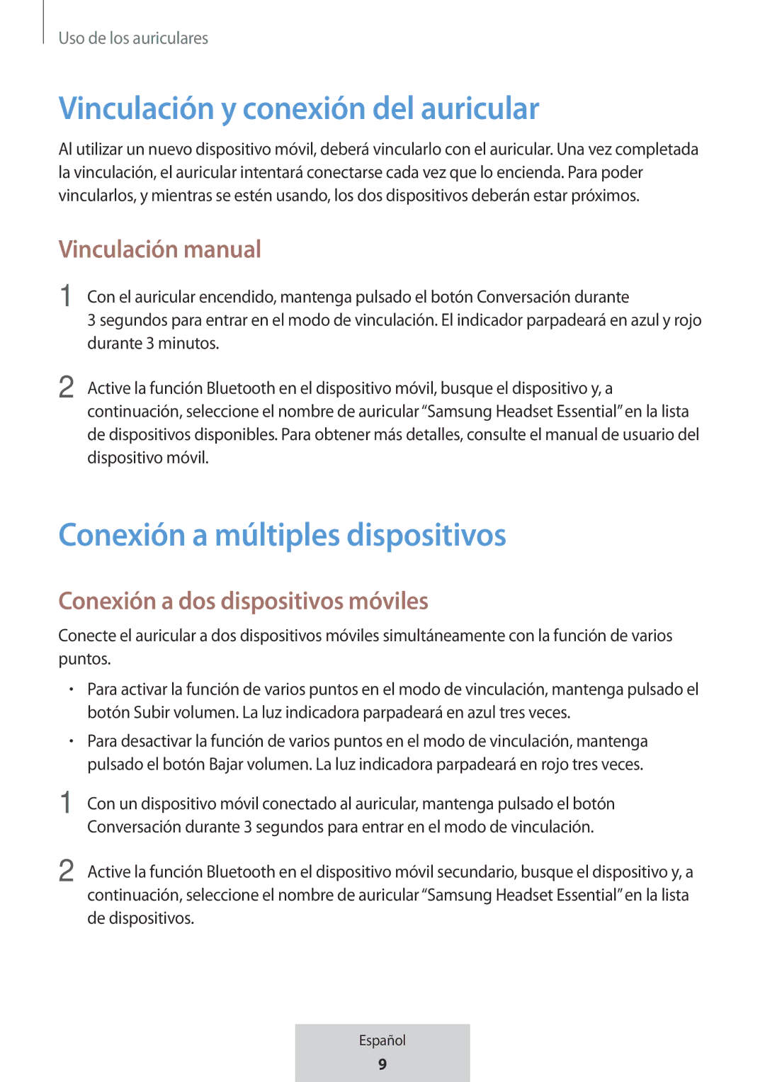 Samsung EO-MG920BBEGRU Vinculación y conexión del auricular, Conexión a múltiples dispositivos, Vinculación manual 