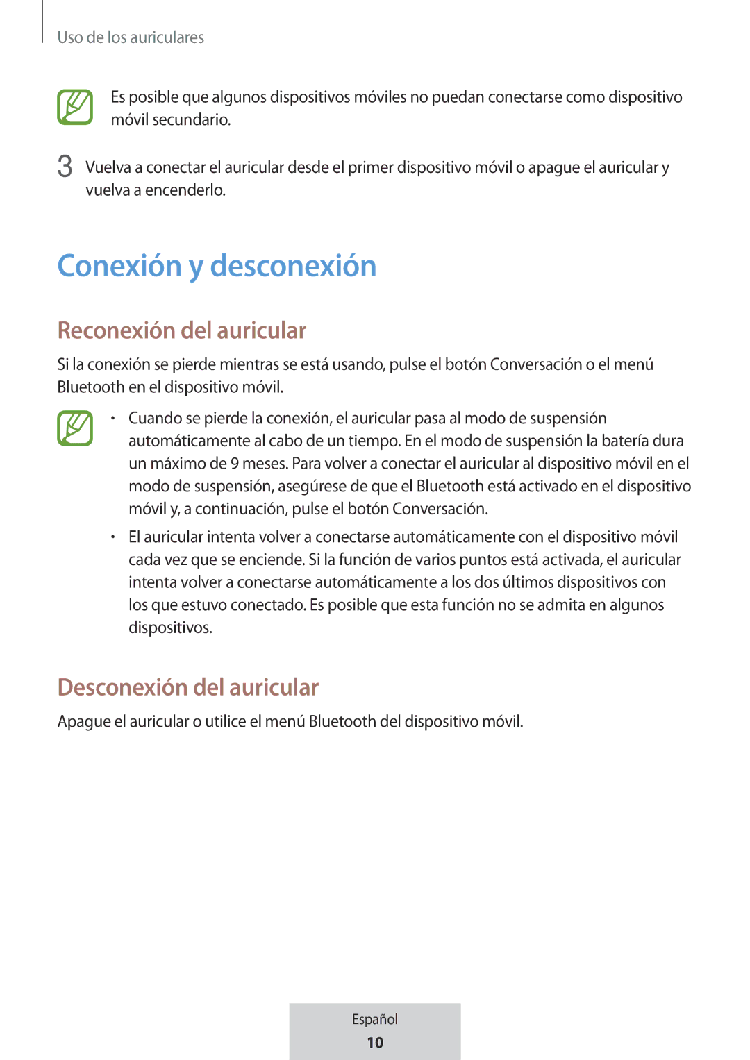 Samsung EO-MG920BBEGRU manual Conexión y desconexión, Reconexión del auricular, Desconexión del auricular 