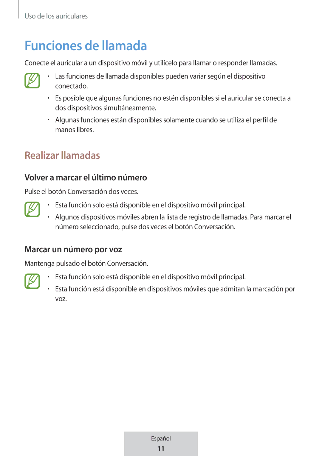 Samsung EO-MG920BBEGRU Funciones de llamada, Realizar llamadas, Volver a marcar el último número, Marcar un número por voz 